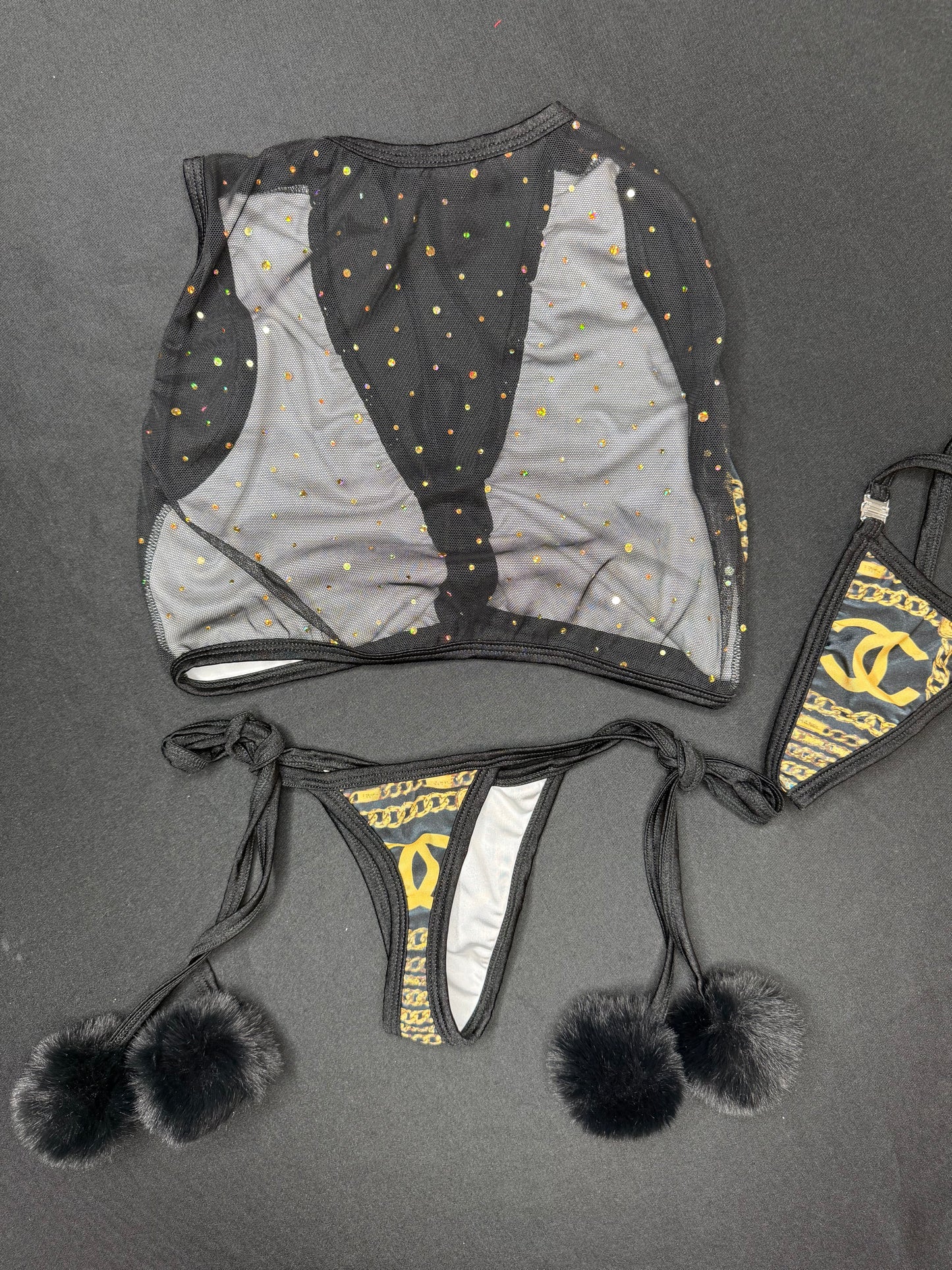 Black/Gold Chain Spandex Black Fur Sleeveless Mesh Top/Side-Tie Bikini Bottoms Lingerie Outfit