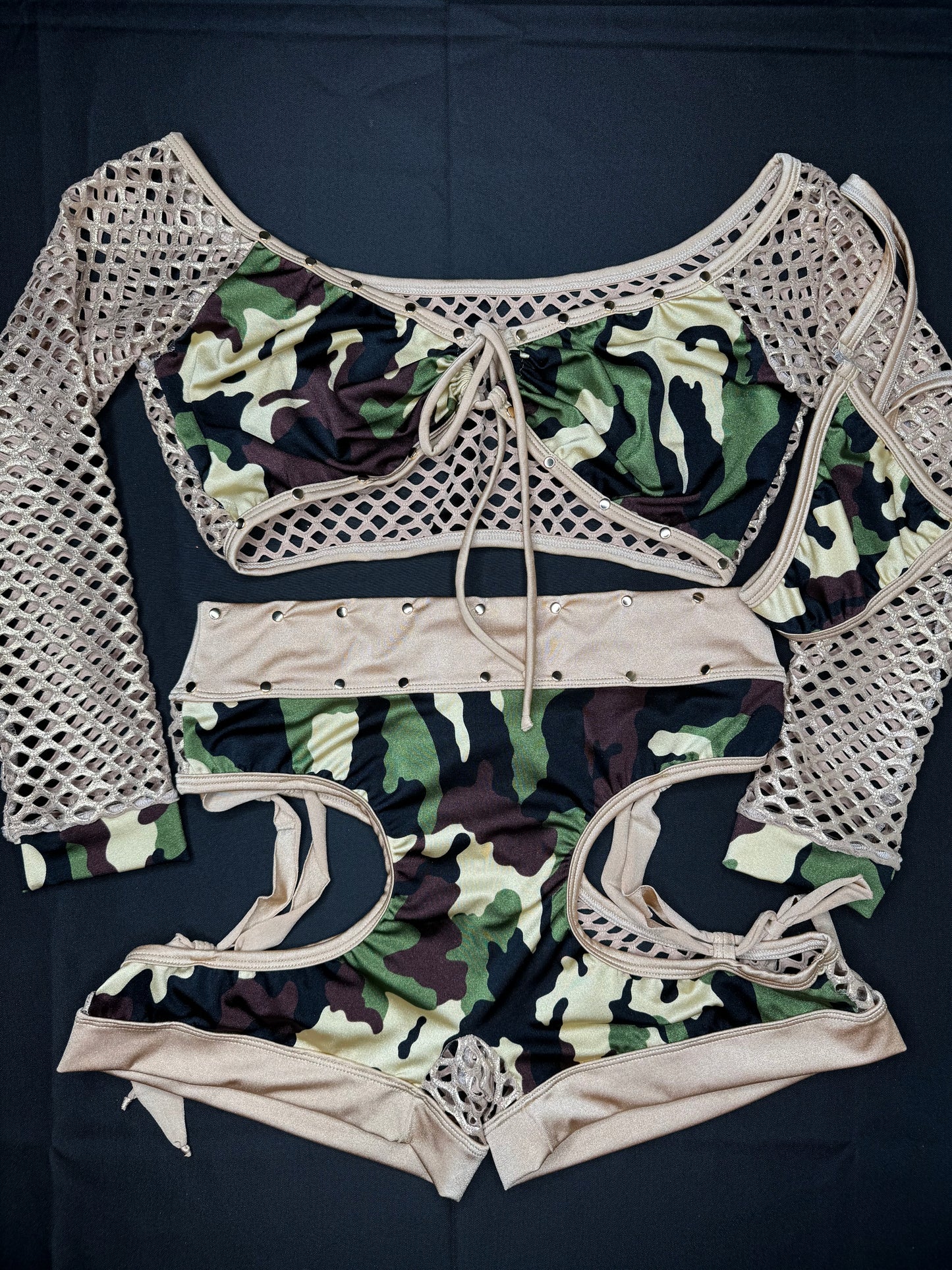 Camouflage/Gold Fishnet Long Sleeve/Shorts Two-Piece Exotic Dancer Outfit