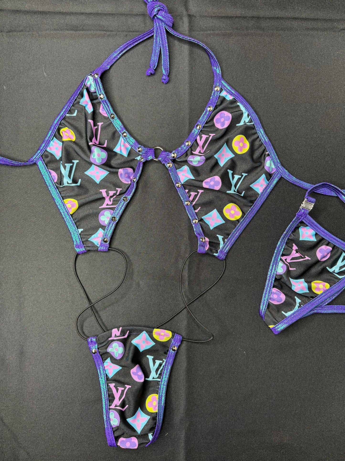 Metallic Purple/Black One-Piece Sling-Shot Stripper Outfit