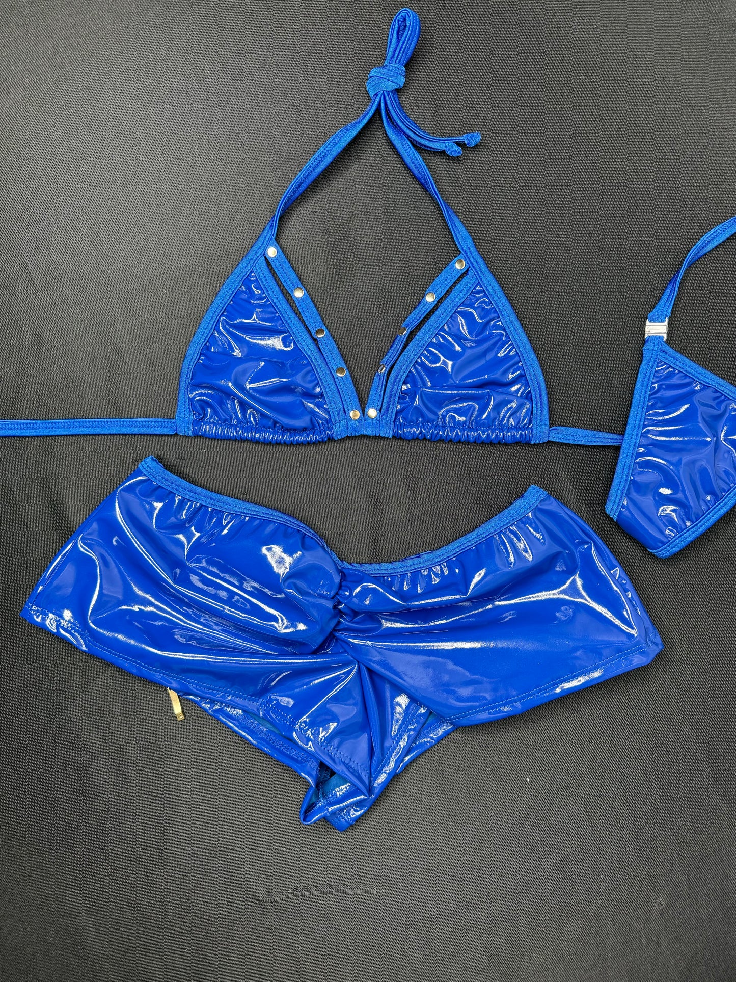 Royal Blue Latex Two-Piece Bikini Top/Shorts Lingerie Outfit
