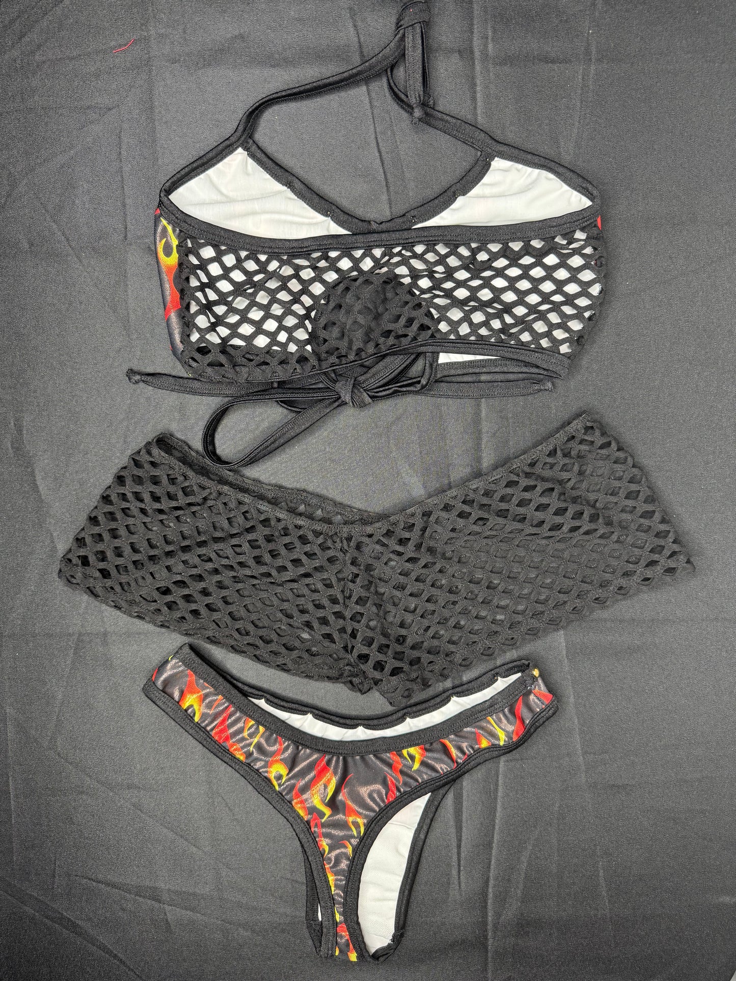 Black/Red Flame Spandex Sports Bra/Cheeky Thong/Shorts Three-Piece Lingerie Outfit