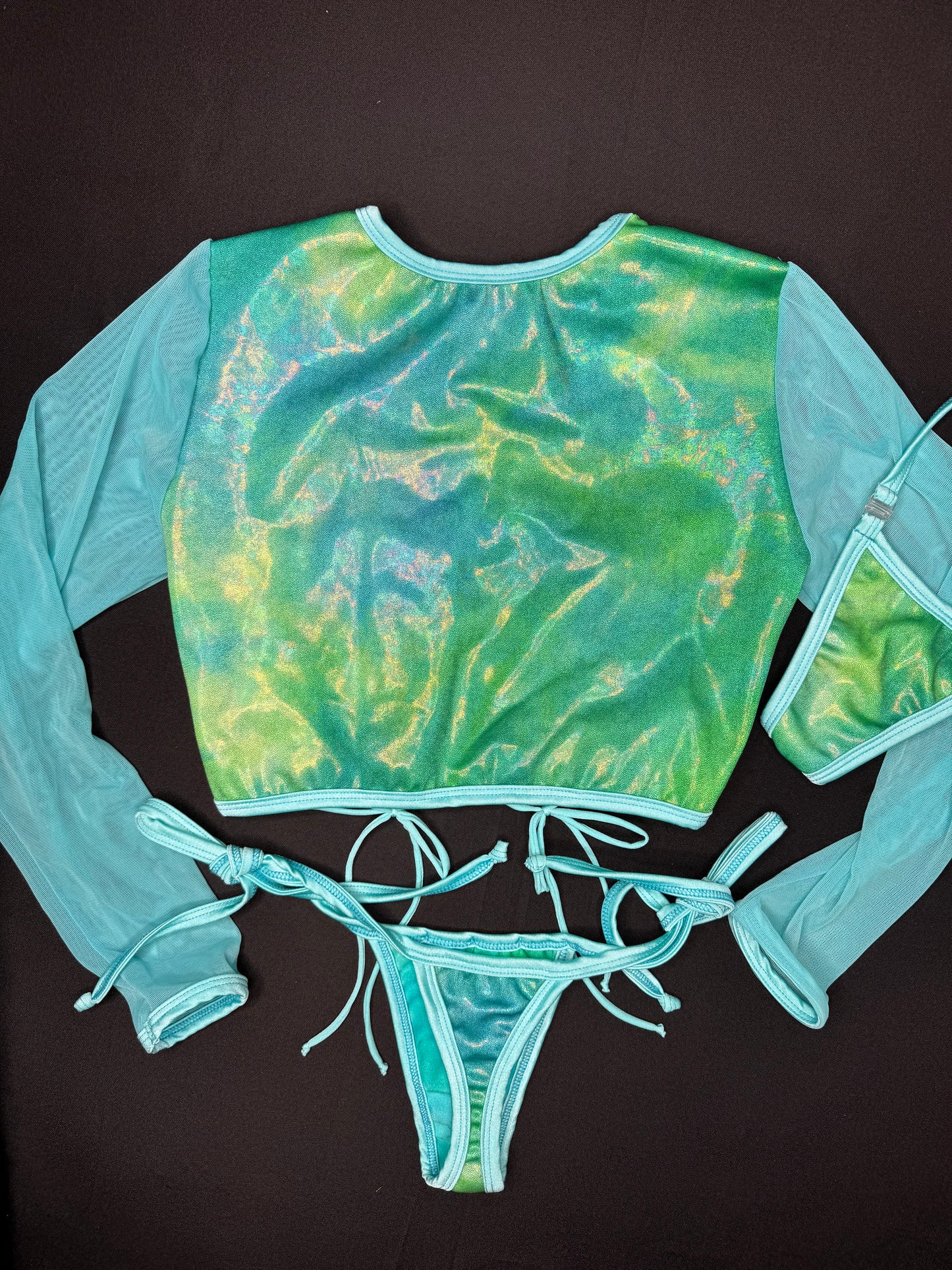 Green Ombré Spandex/Aqua Mesh Long Sleeve/Side-Tie Bikini Bottoms Lingerie Outfit