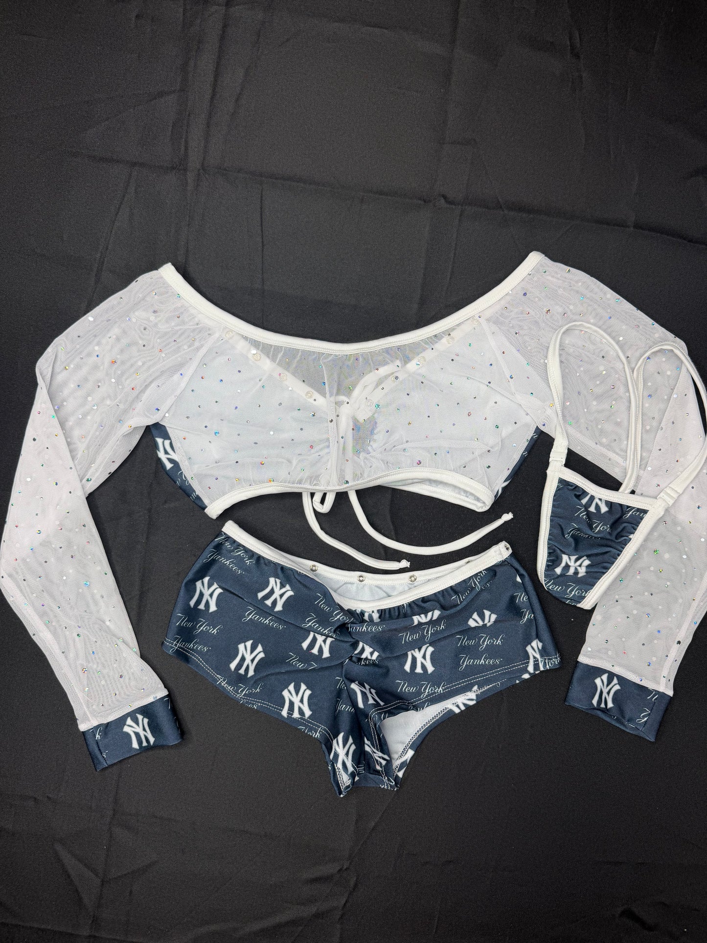 Yankees Blue Spandex/White Mesh Long Sleeve/Shorts Two-Piece Lingerie Outfit