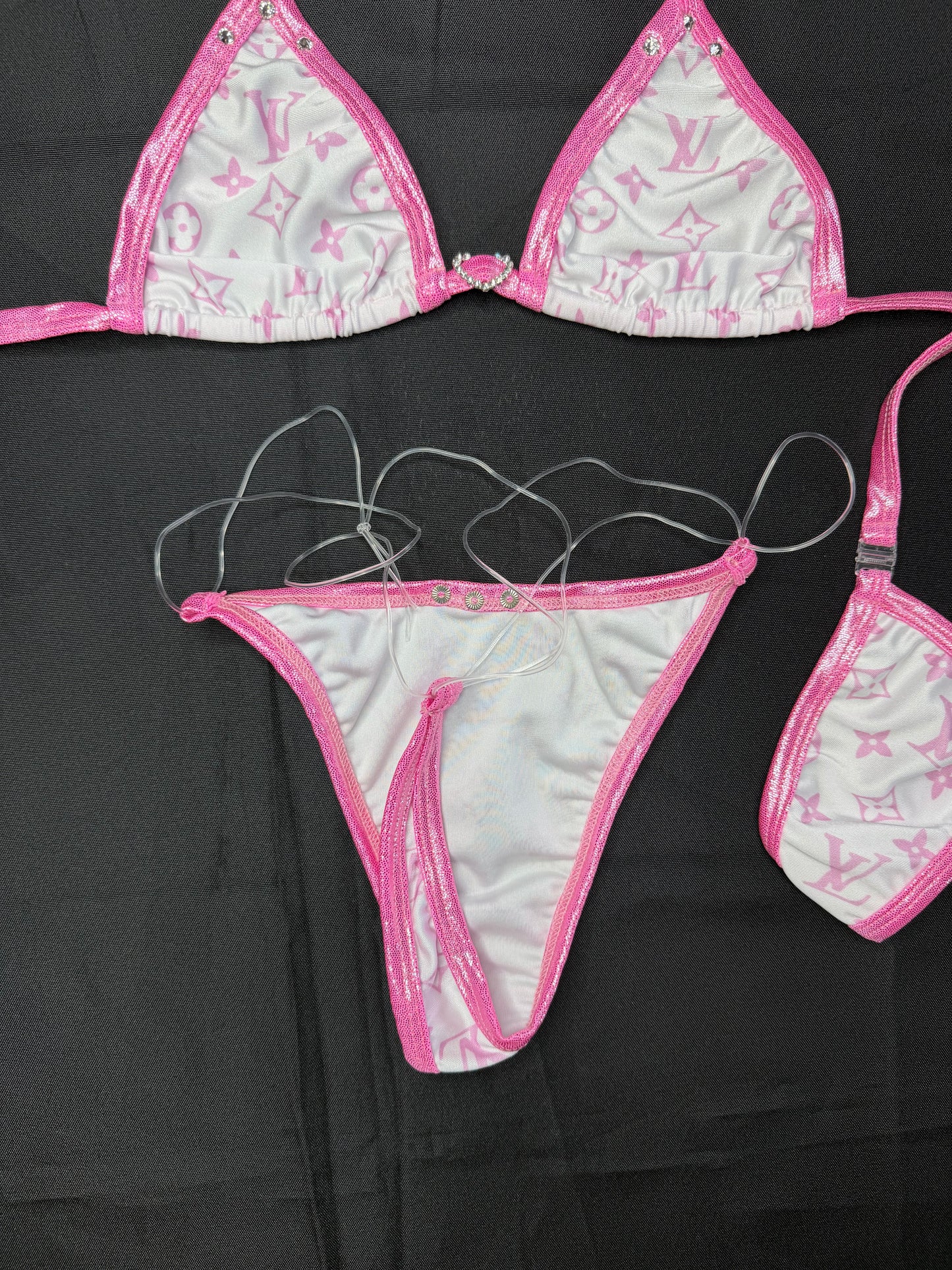White/Baby Pink Designer Spandex Two-Piece Bikini Lingerie Outfit