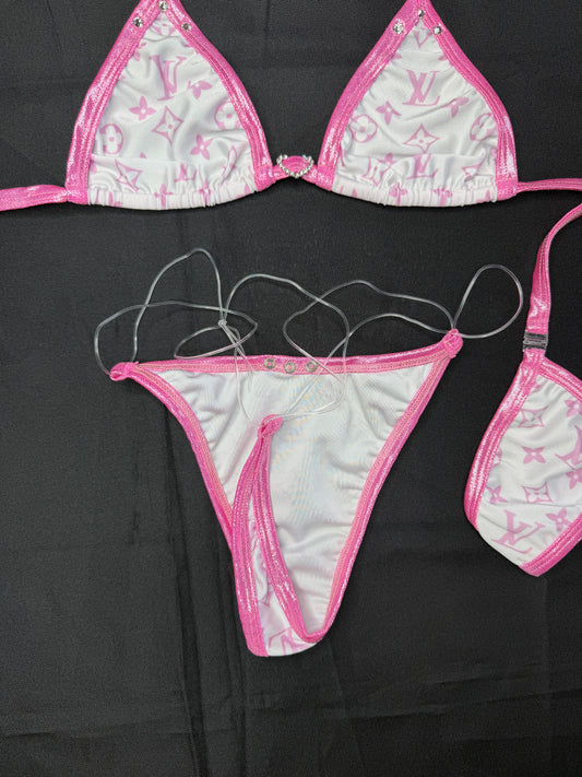 White/Baby Pink Designer Spandex Two-Piece Bikini Lingerie Outfit