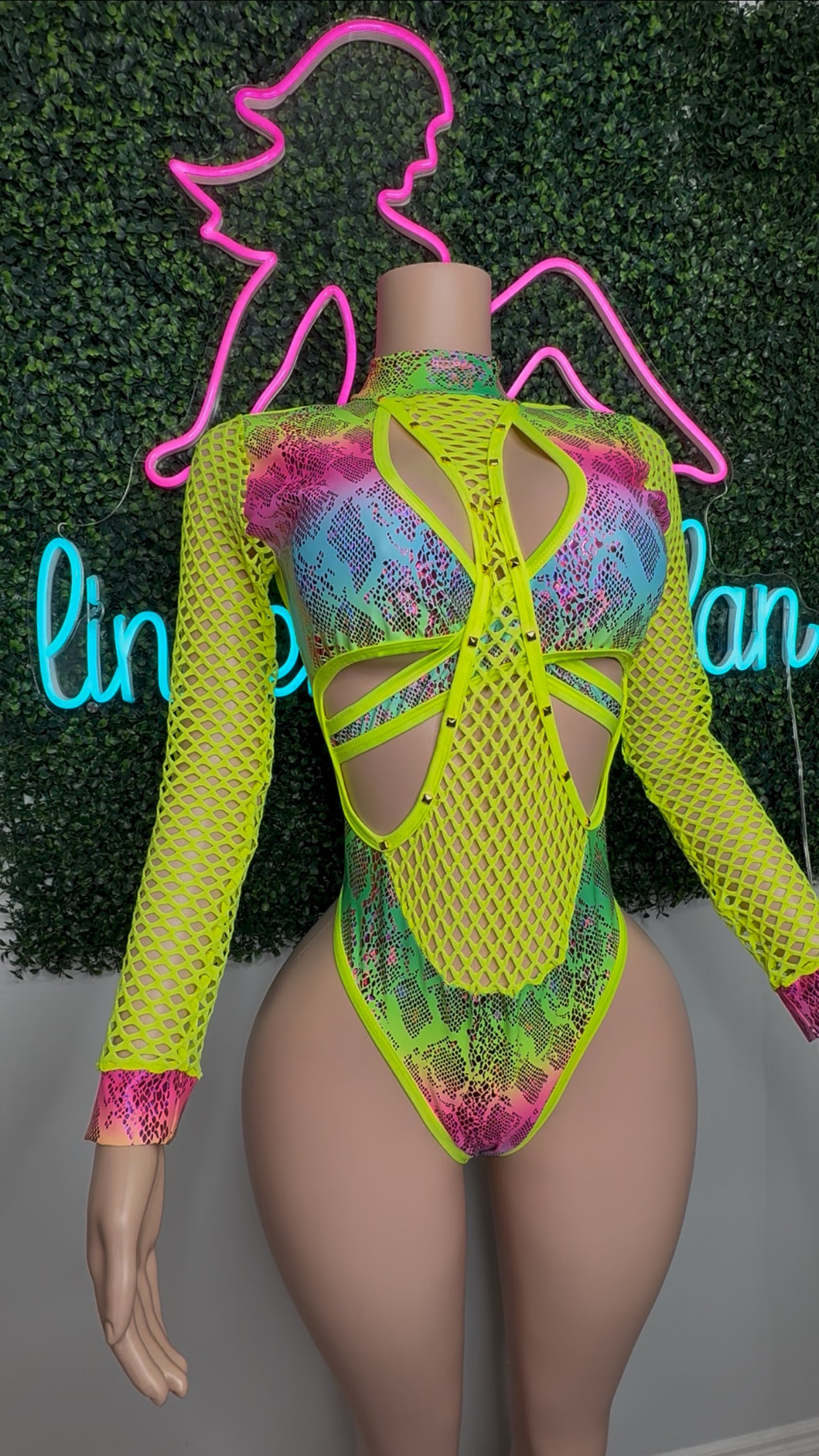 Neon Yellow/Rainbow Animal Print Romper Lingerie Outfit