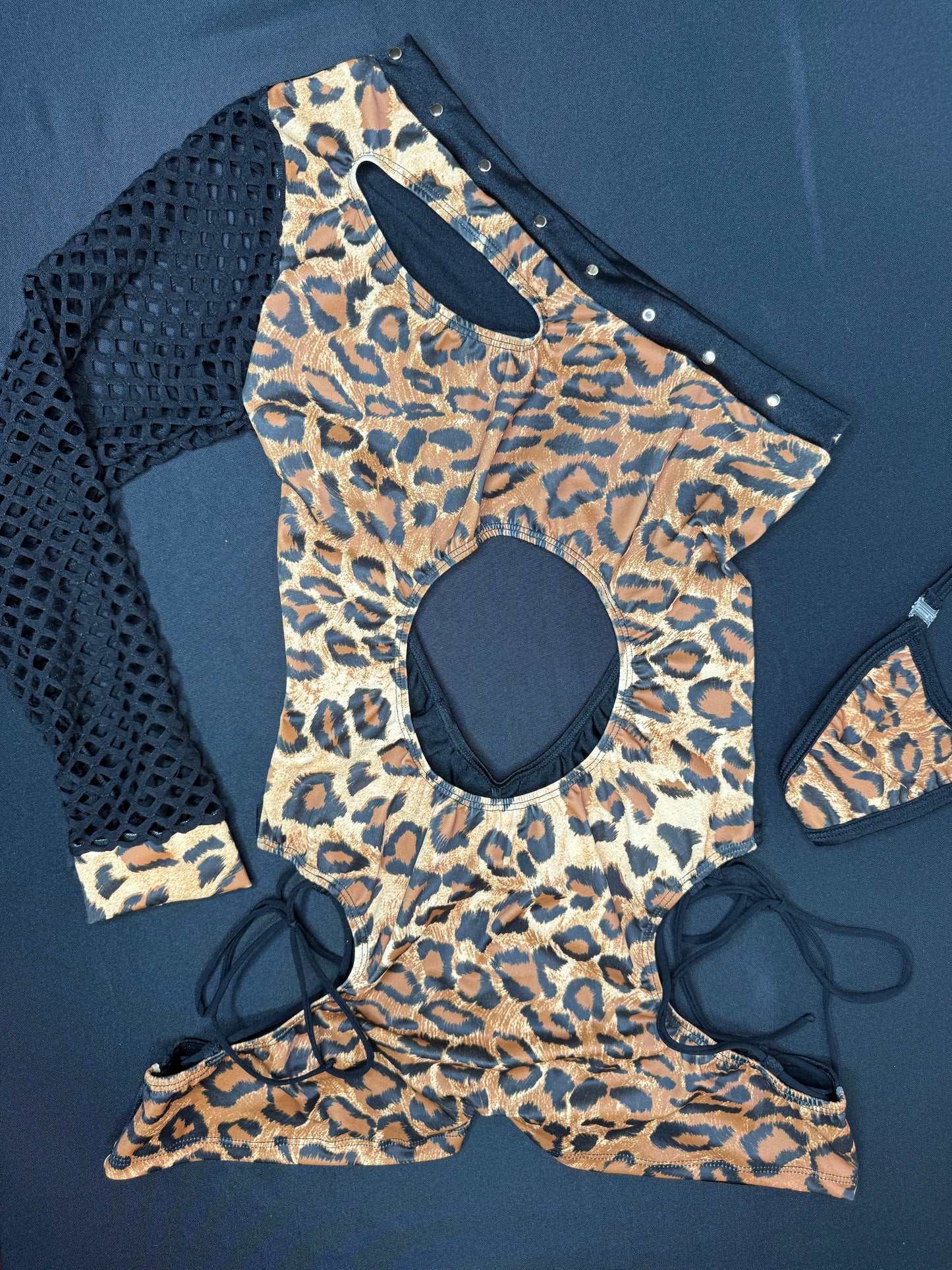 Animal Print Spandex/Black Mesh Single Sleeve One-Piece Romper Lingerie Outfit