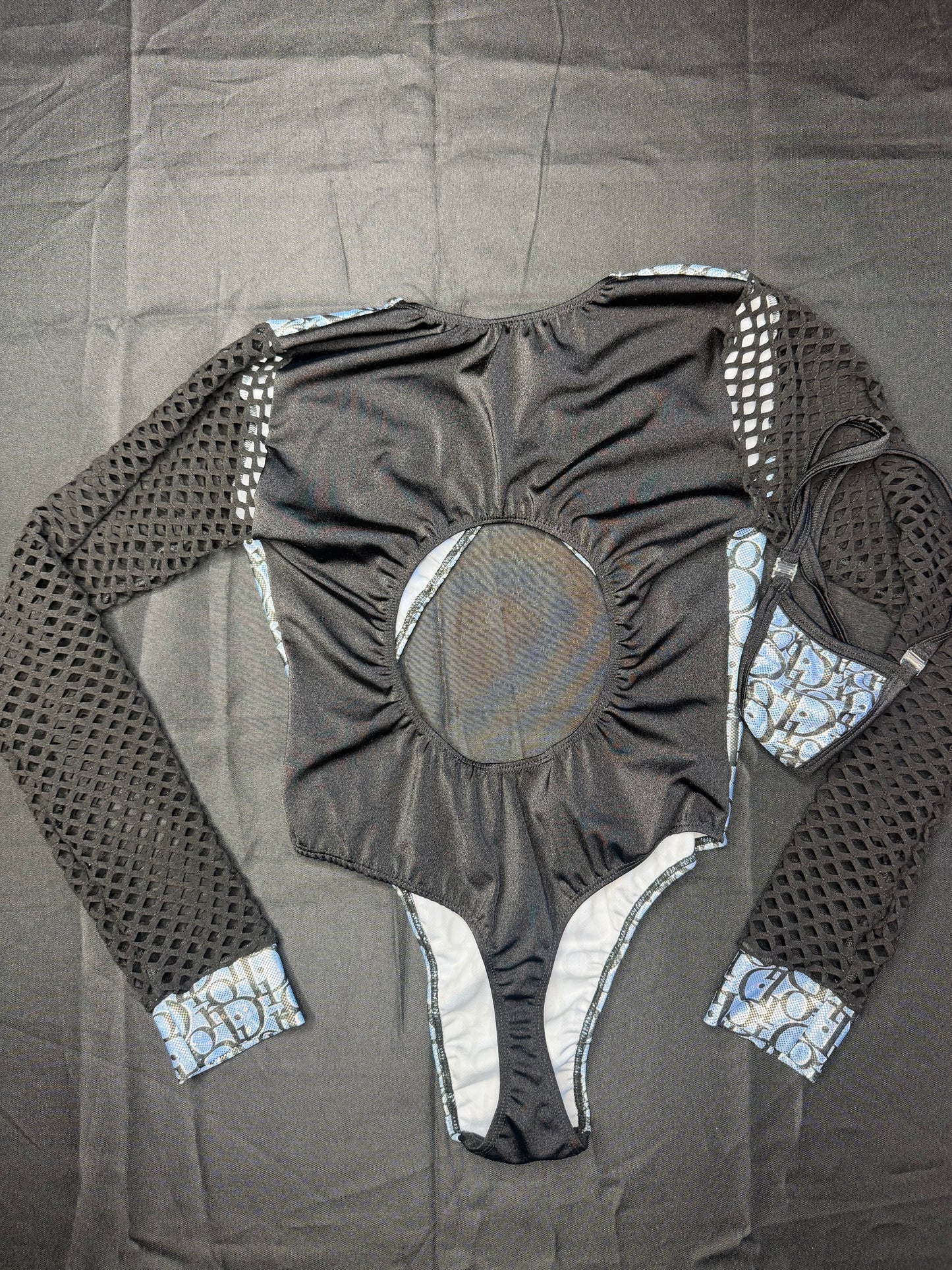 Metallic Baby Blue/Black Fishnet Long Sleeve Leotard Lingerie Outfit