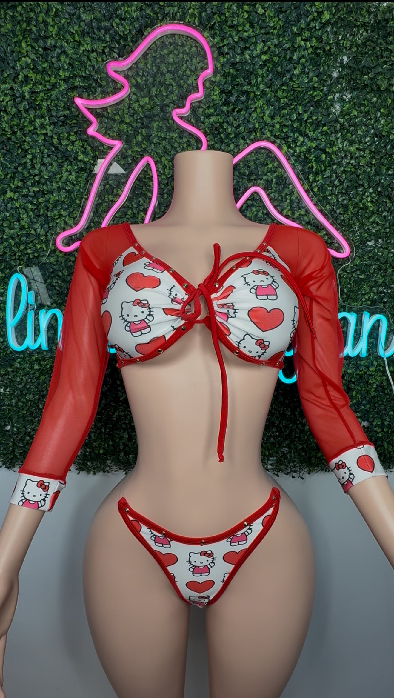 Heart Kitty Print Spandex/Red Mesh Two-Piece Lingerie Outfit