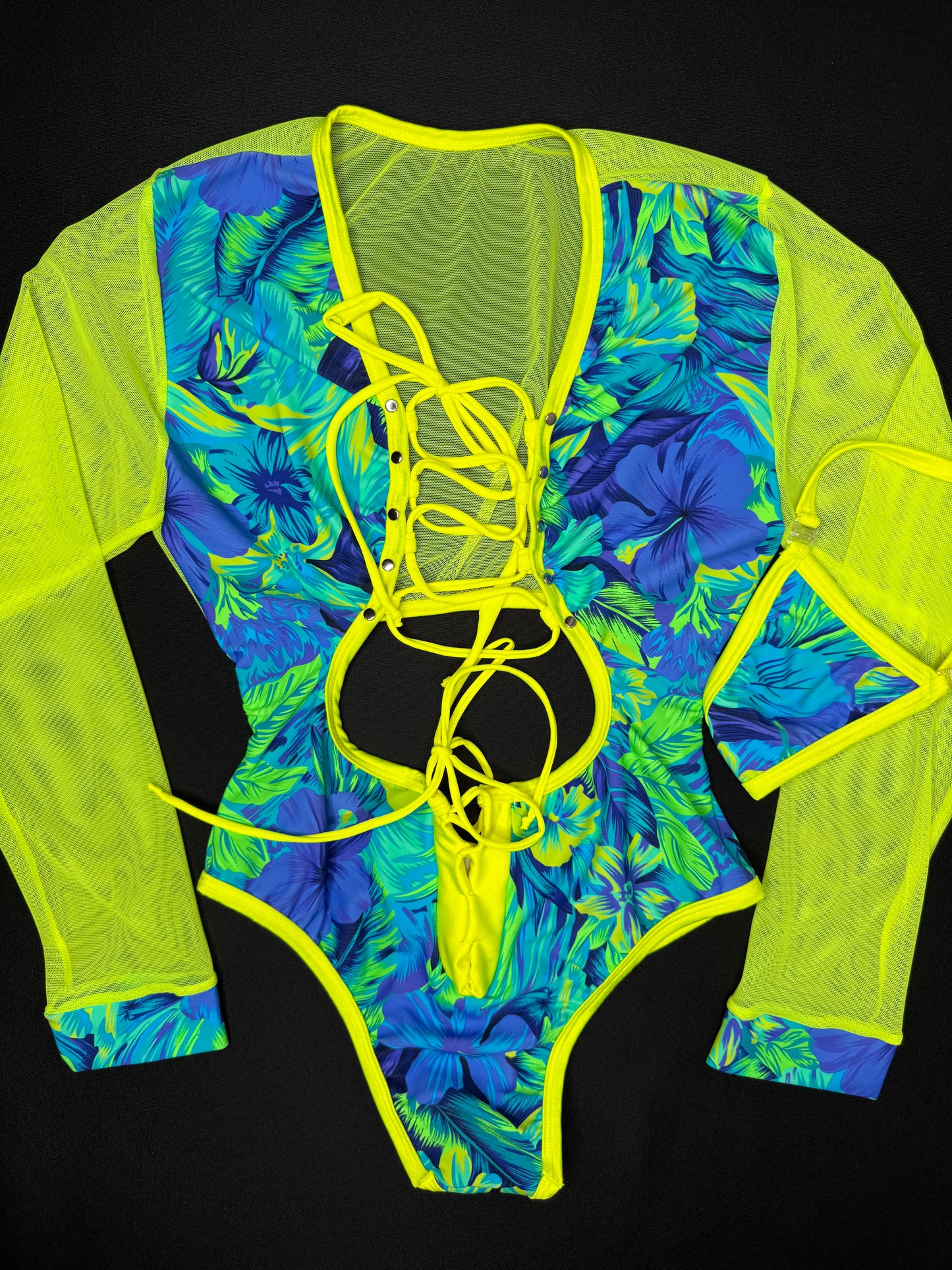 Blue/Green Flower Pattern Spandex/Neon Yellow Mesh One-Piece Leotard Outfit