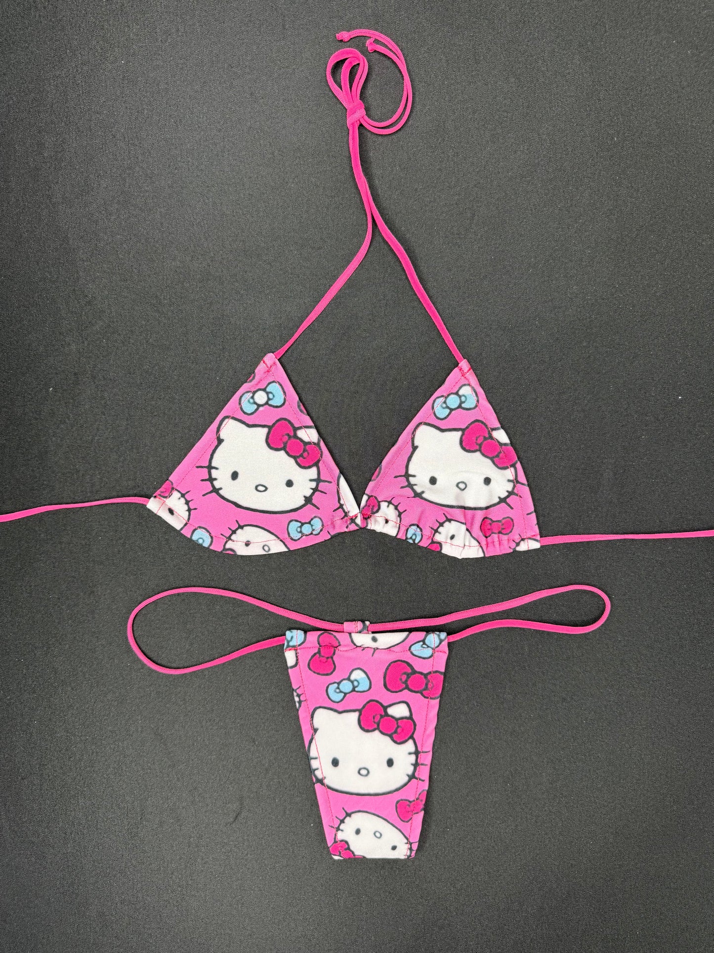 Pink Kitty Print Two-Piece Micro Bikini Lingerie Outfit