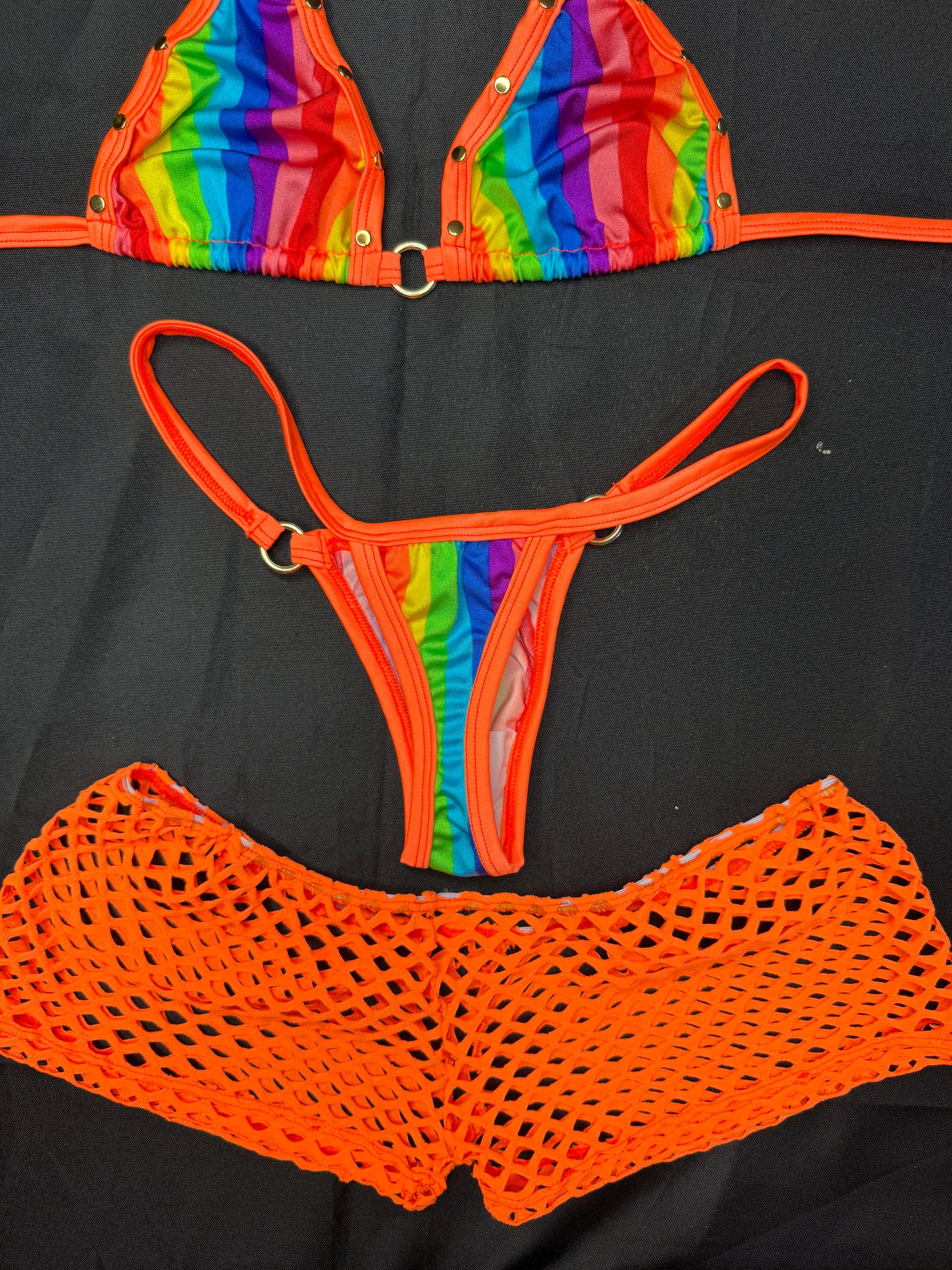 Orange/Rainbow Spandex Three-Piece Bikini/Shorts Lingerie Outfit