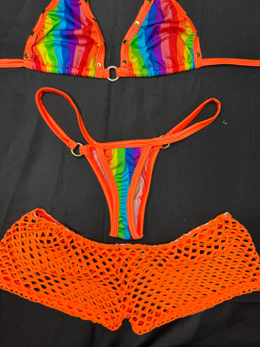 Orange/Rainbow Spandex Three-Piece Bikini/Shorts Lingerie Outfit