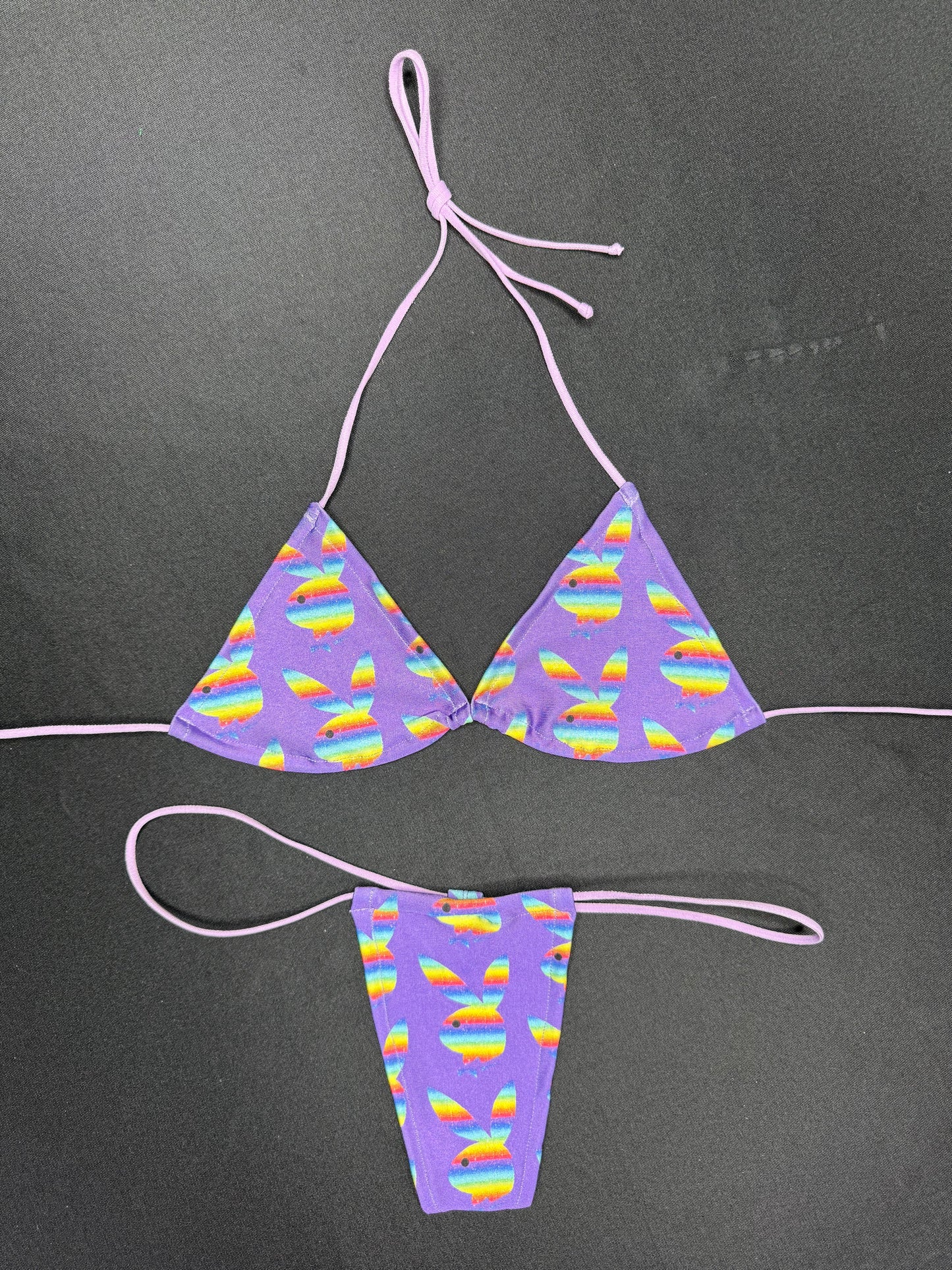 Purple Bunny Rainbow Print Spandex Two-Piece Micro Bikini Lingerie Outfit