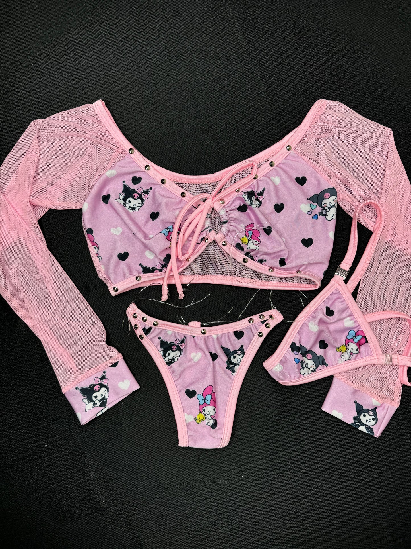 Baby Pink Kuromi Hearts Spandex/Mesh Two-Piece Long Sleeve Exotic Dancer Outfit