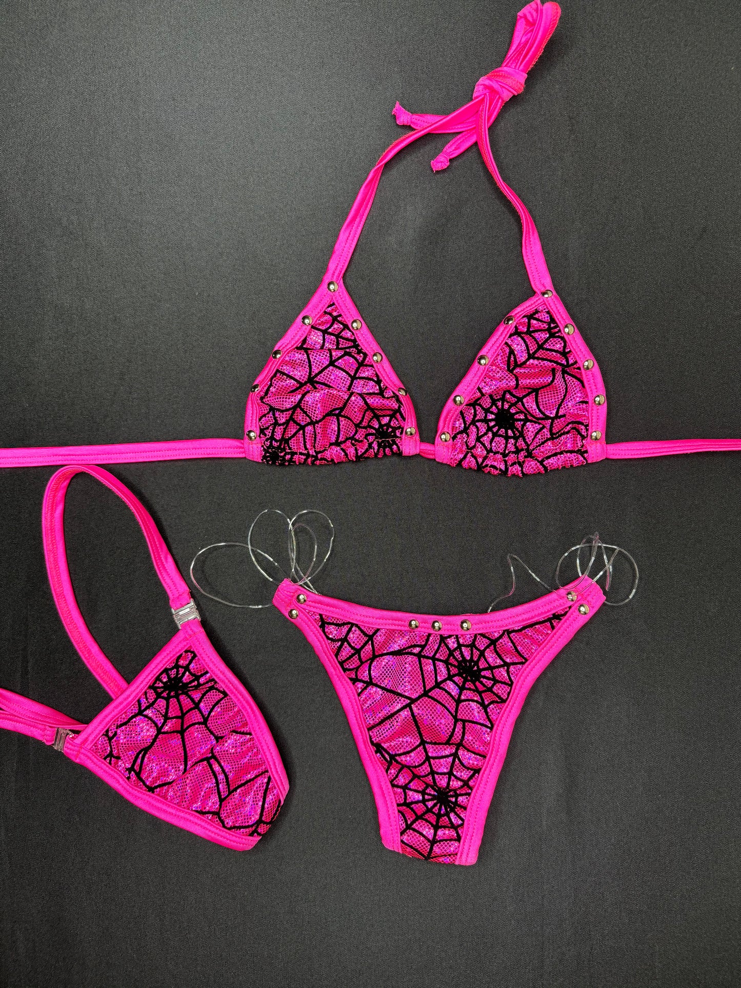 Metallic Pink Spider Web Two-Piece Bikini Lingerie Outfit