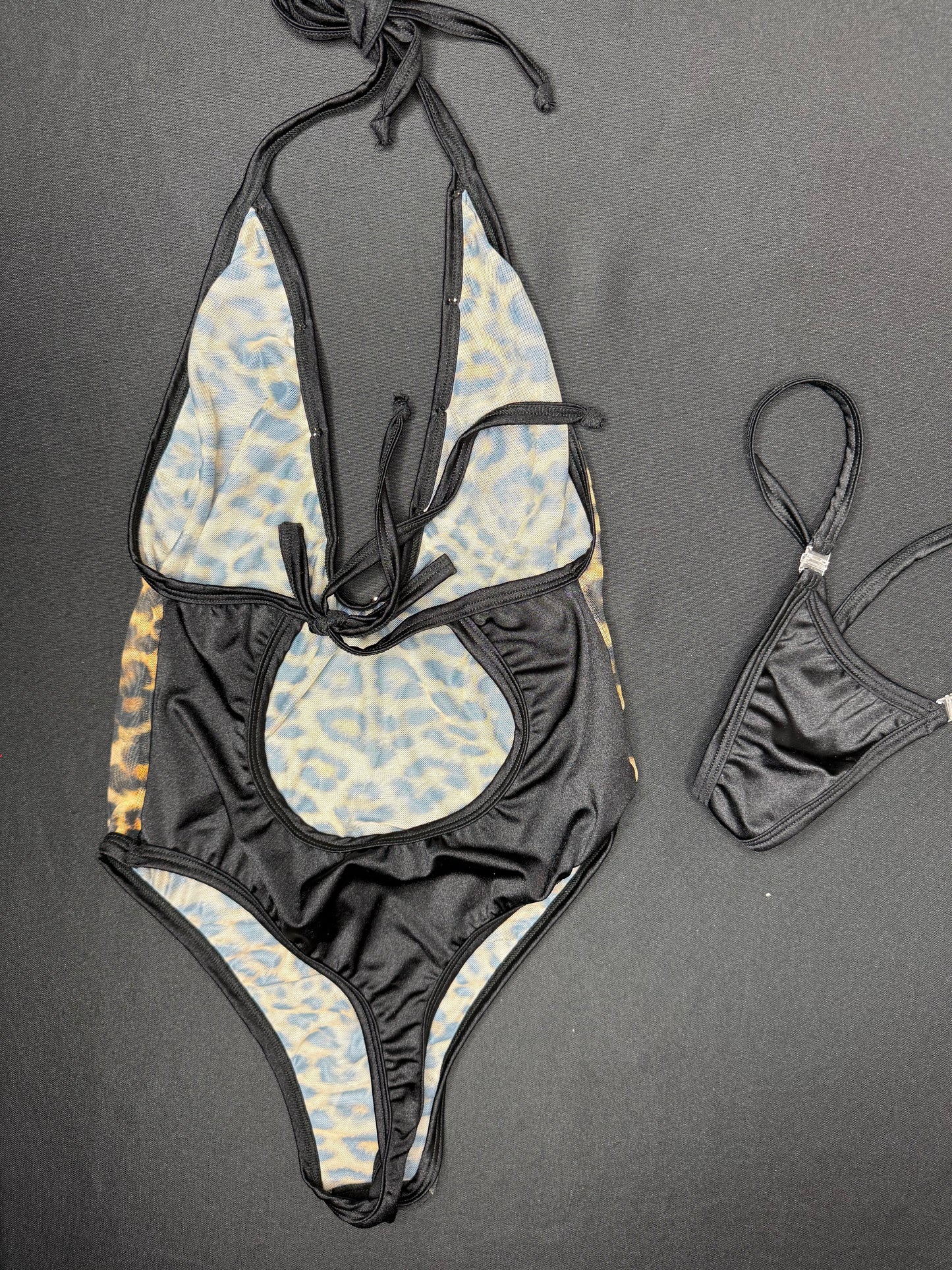 Mesh Animal Print/Black Spandex One-Piece Lingerie Outfit