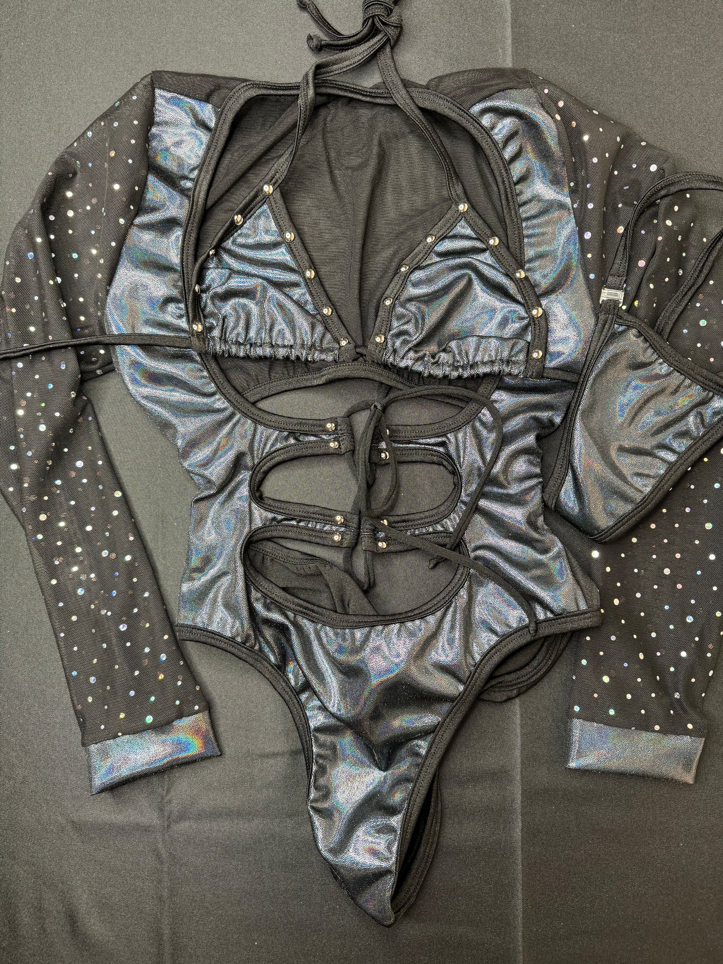 Black Sparkle Mesh/Black Leotard One-Piece Stripper Outfit