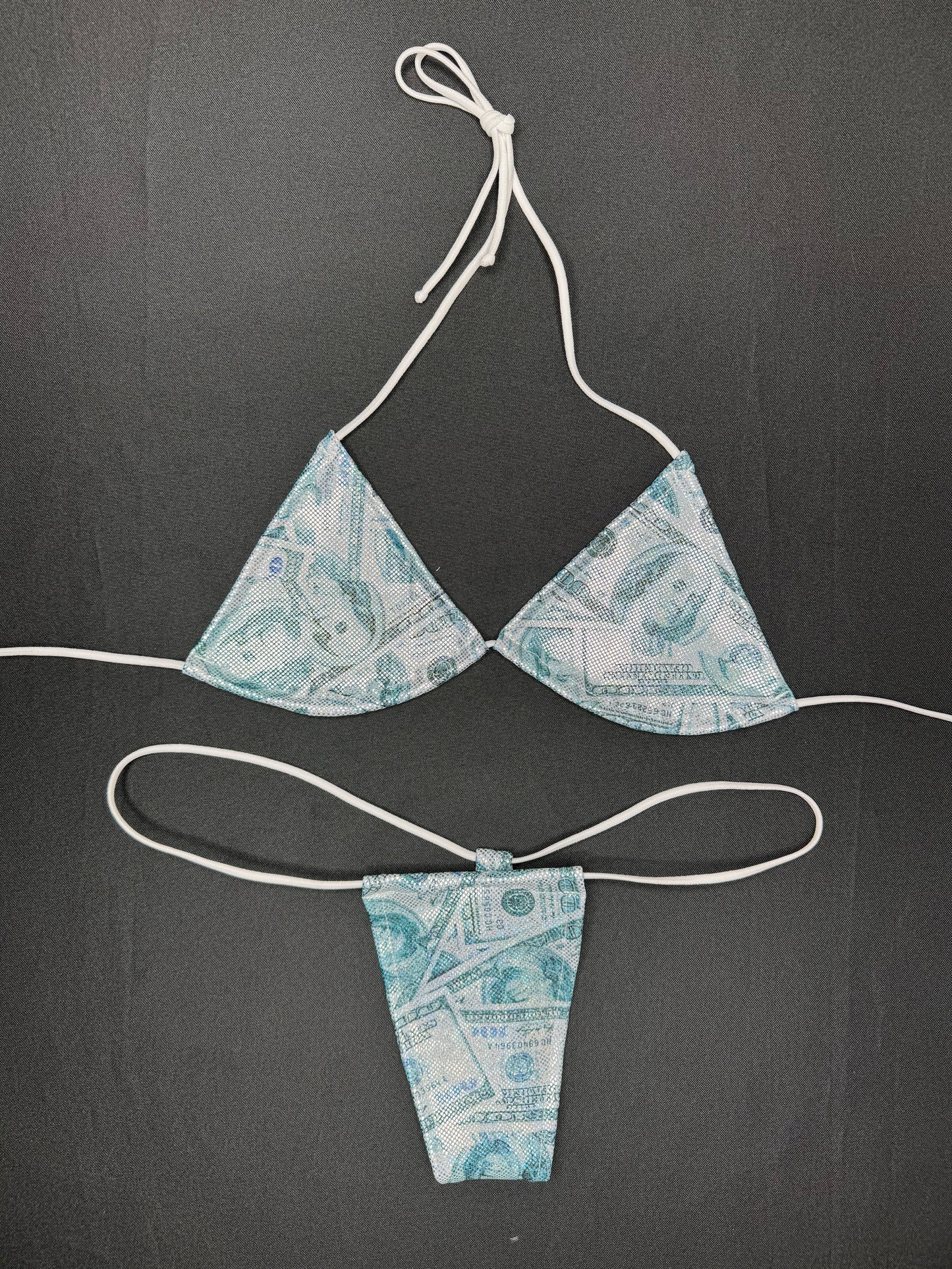 Blue Holographic Money Print Two-Piece Micro Bikini Lingerie Outfit