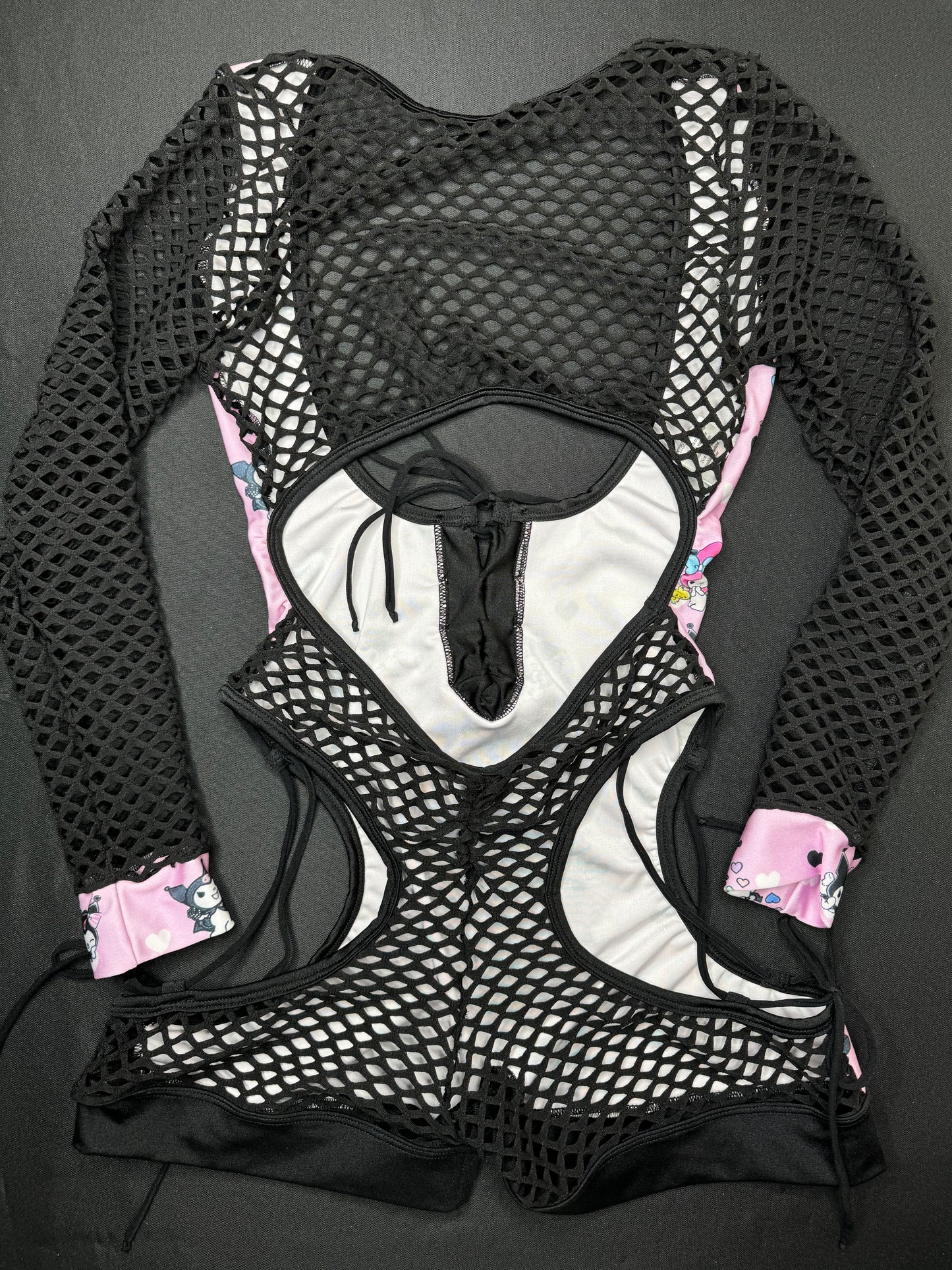 Black/Baby Pink Kuromi One-Piece Fishnet Romper Lingerie Outfit