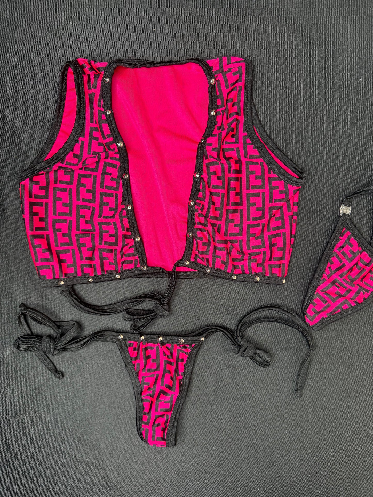 Hot Pink/Black Designer Spandex Two-Piece Sleeveless Top/Side Tie Bikini BottomsLingerie Outfit