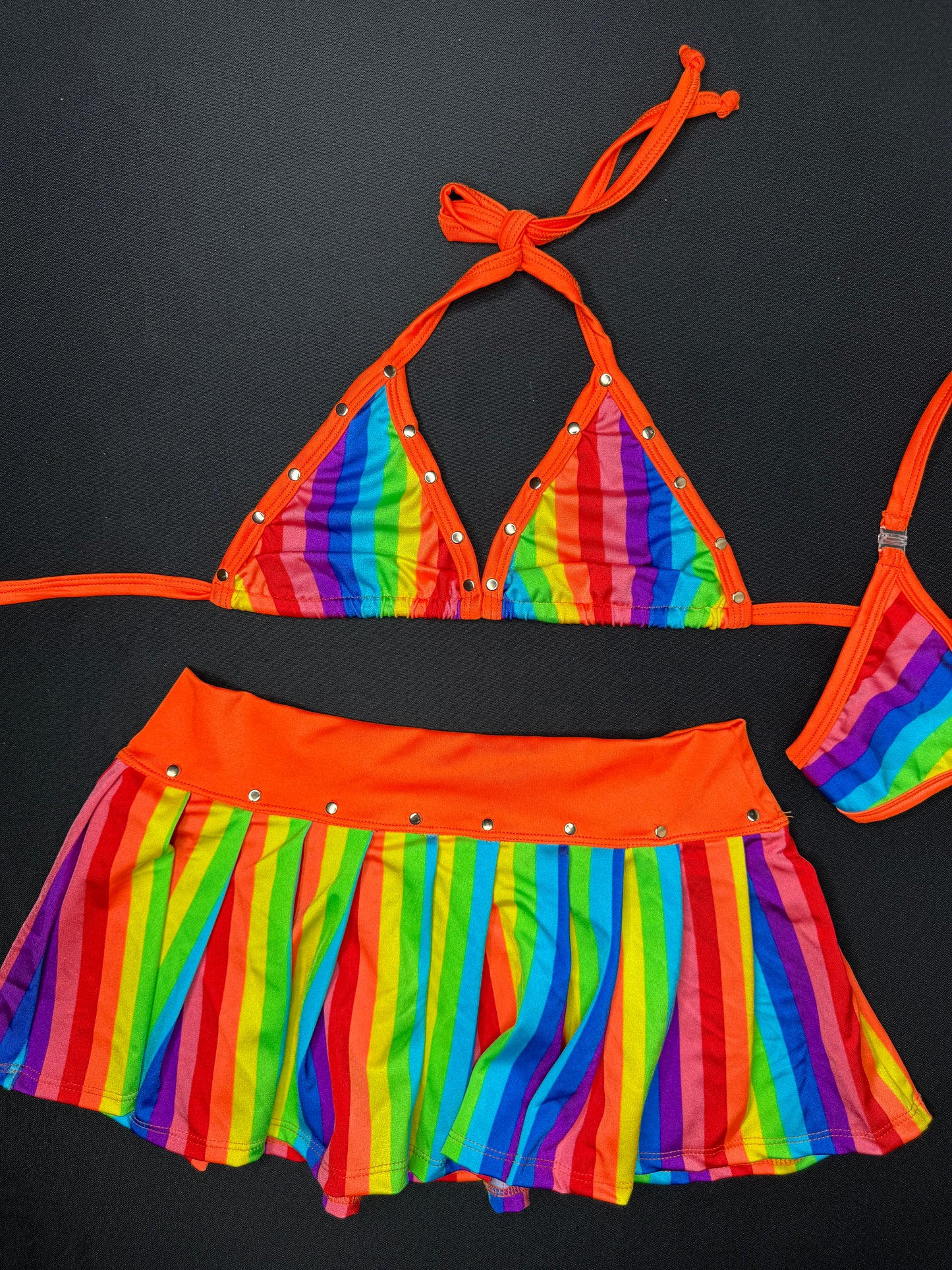 Rainbow/Orange Spandex Bikini Top/Skirt Two-Piece Lingerie Outfit