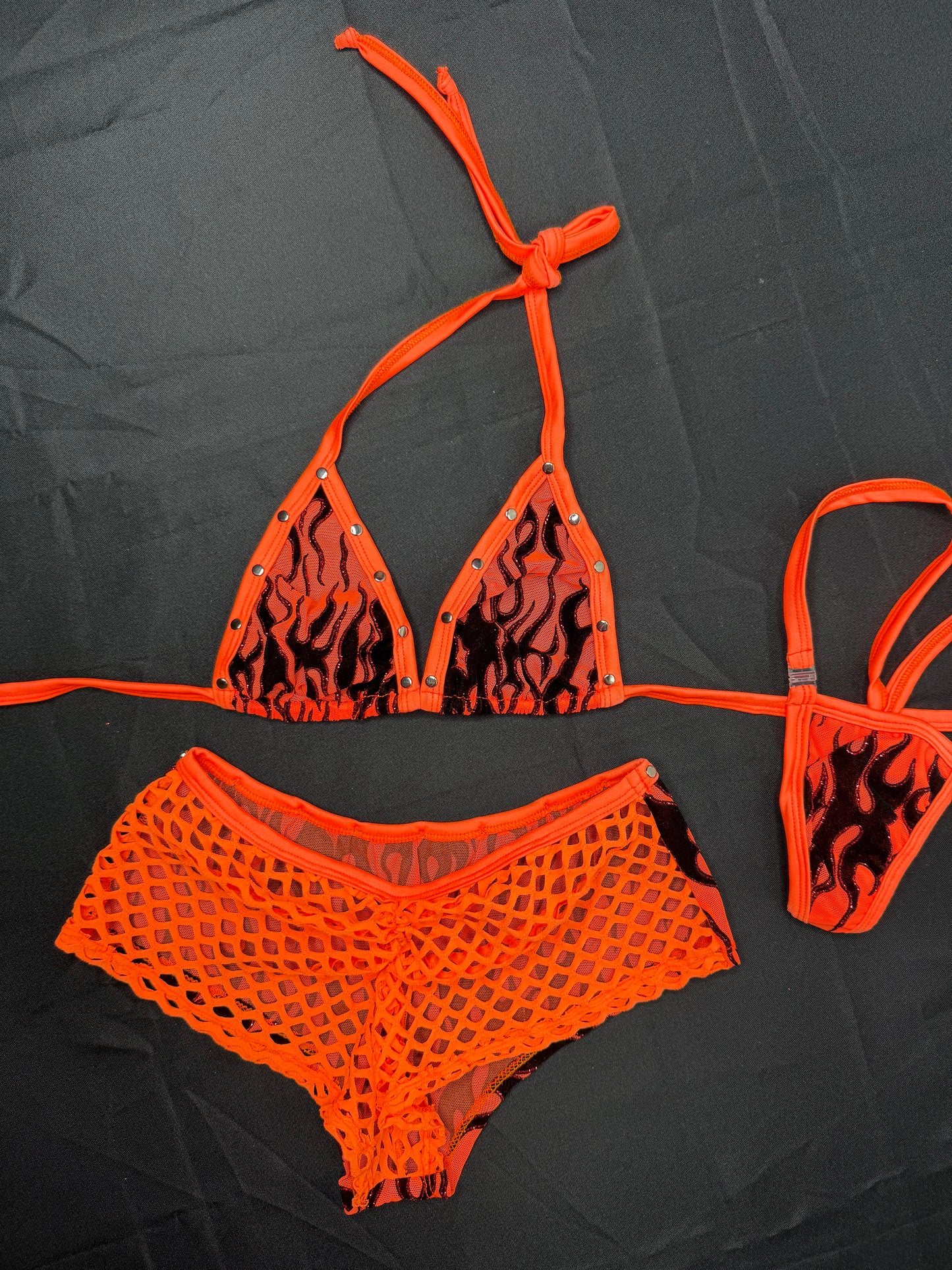 Orange Flame Mesh Bikini Top/Shorts Two-Piece Lingerie Outfit