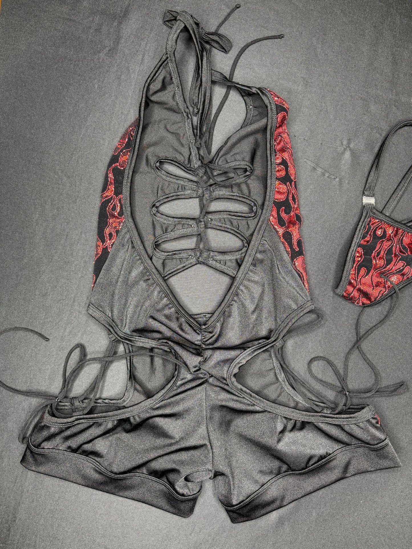 Red Flame/Black Nylon/Spandex One-Piece Romper Lingerie Outfit