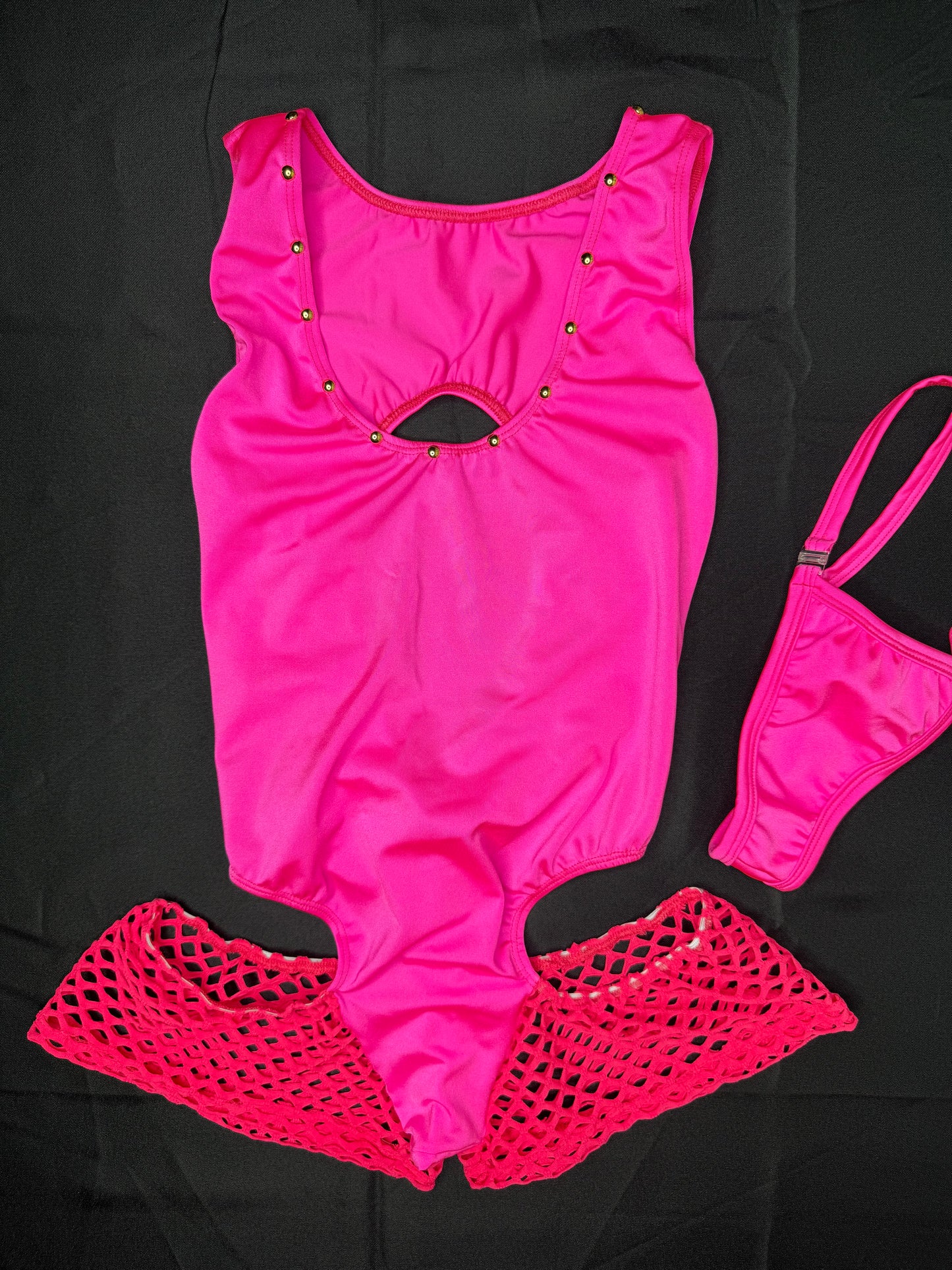 Hot Pink Spandex/Fishnet One-Piece Romper Lingerie Outfit
