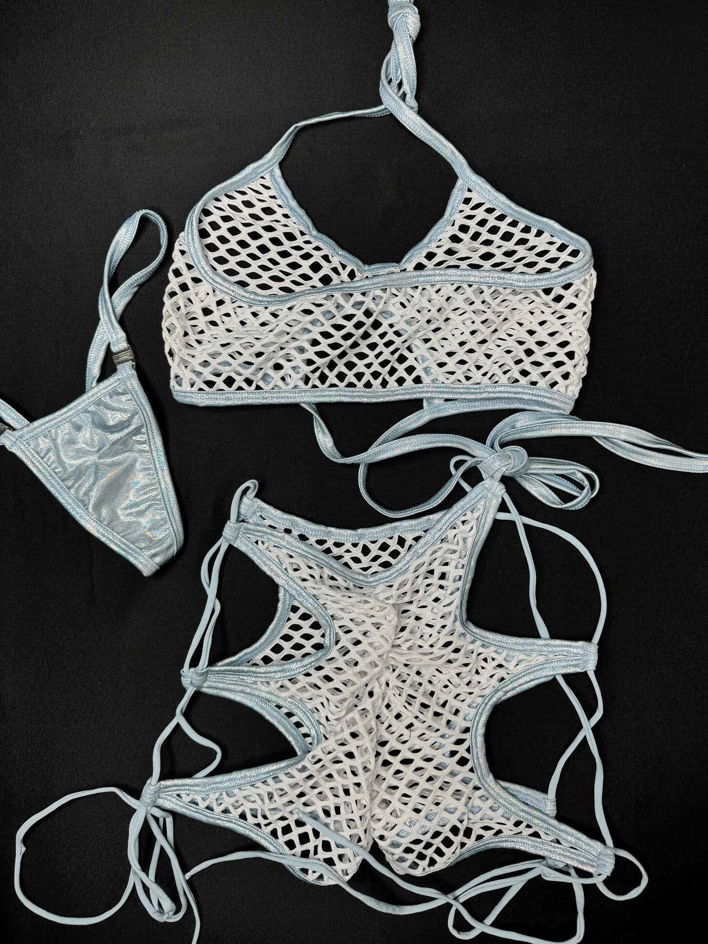 White Fishnet/Baby Blue Sports Bra/Shorts Two-Piece Lingerie Outfit