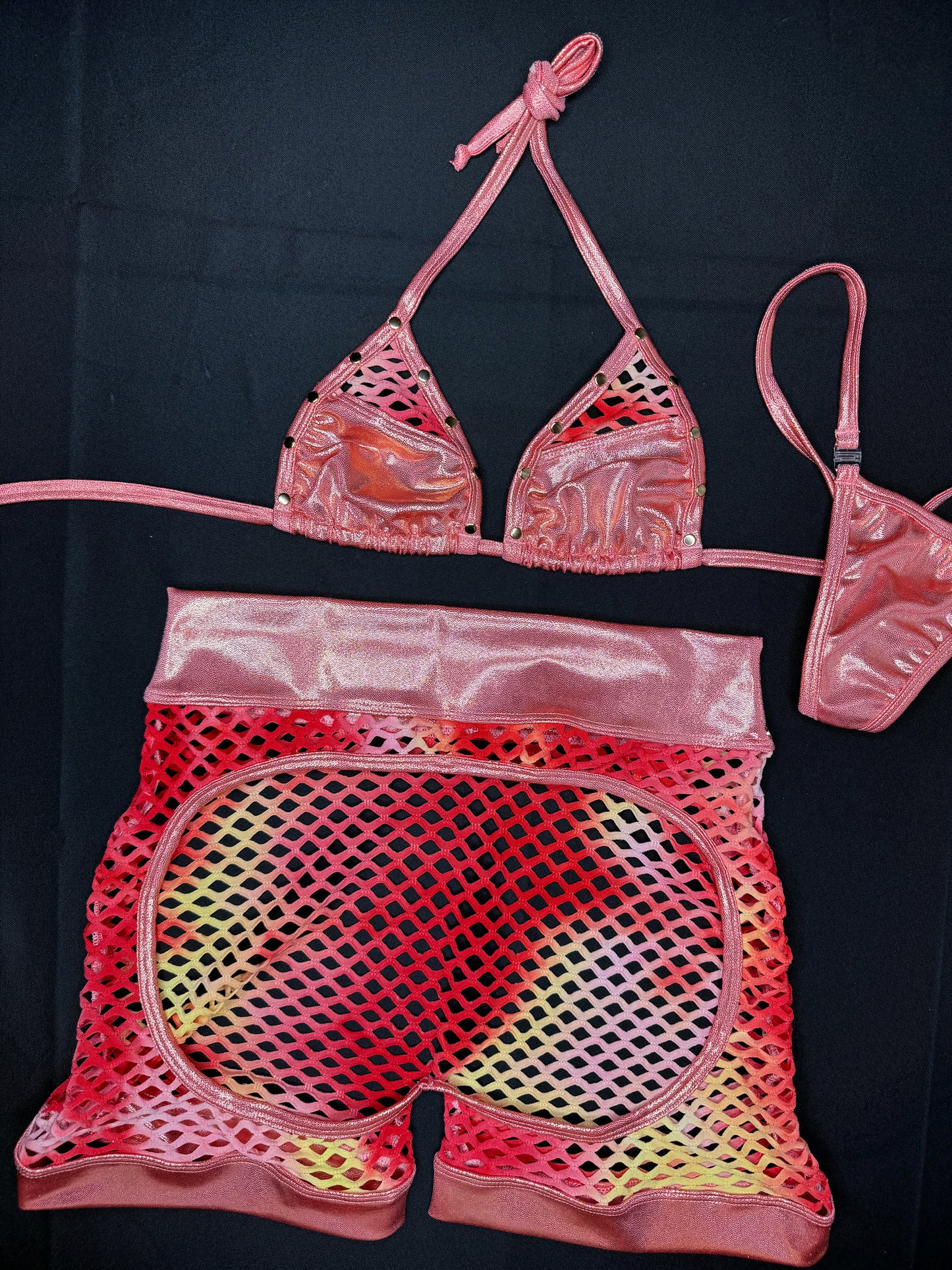 Metallic Pink/Orange/Ombre Fishnet Two-Piece Chaps Lingerie Outfit