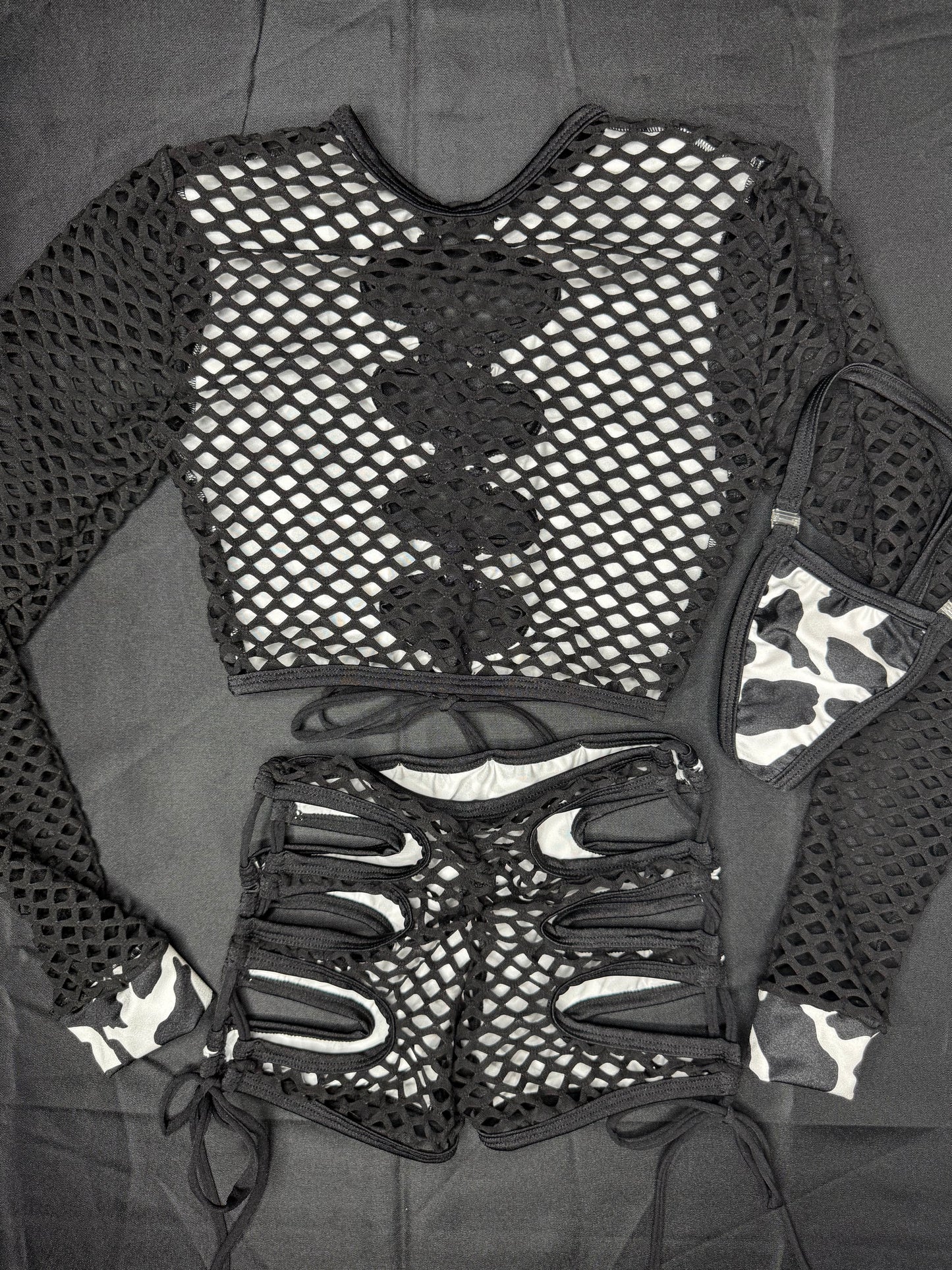 Black/White Cow Print Spandex Fishnet Long Sleeve/Shorts Two-Piece Lingerie Outfit