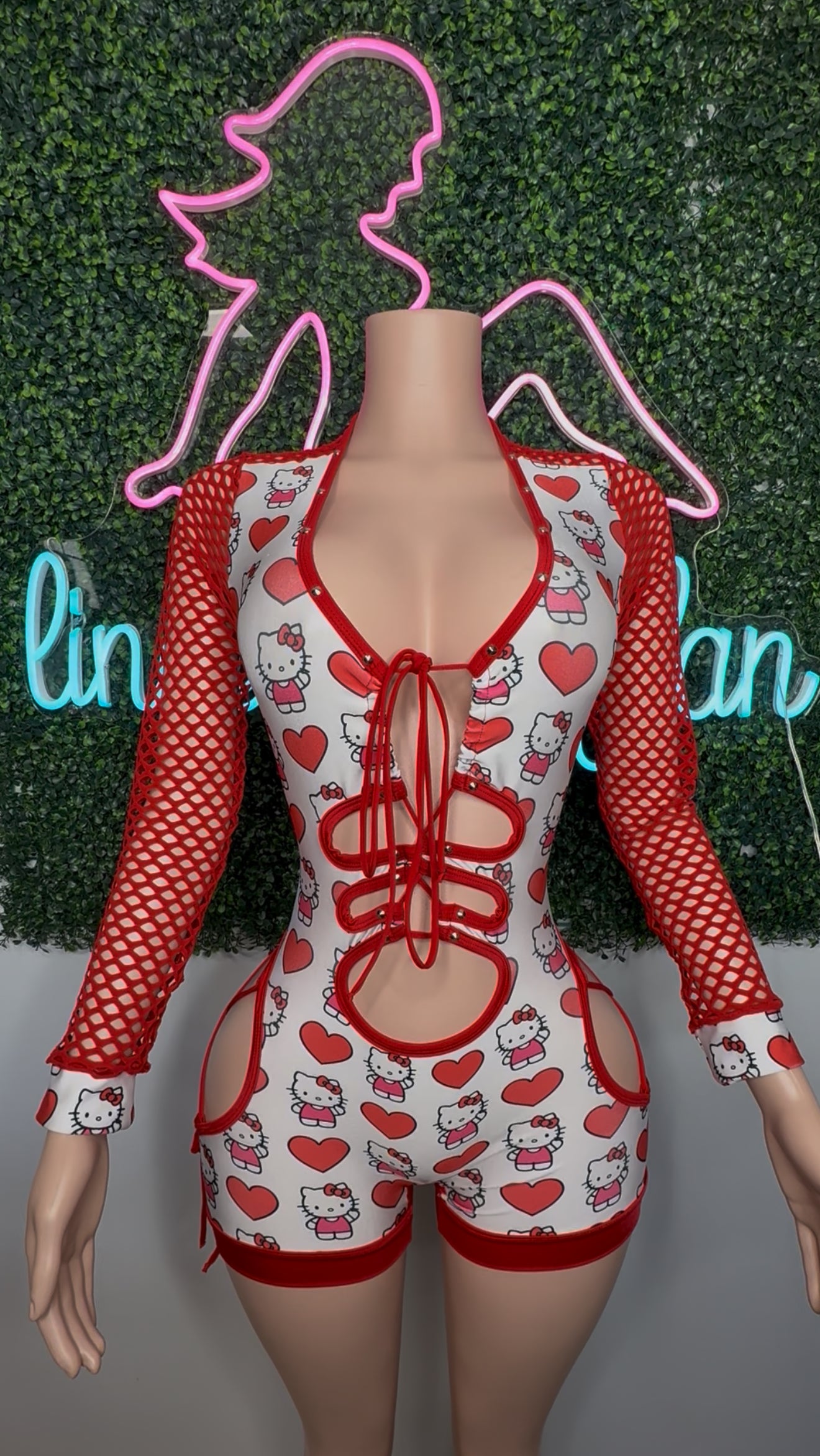 Heart Kitty Print/Red Fishnet Spandex One-Piece Romper Lingerie Outfit