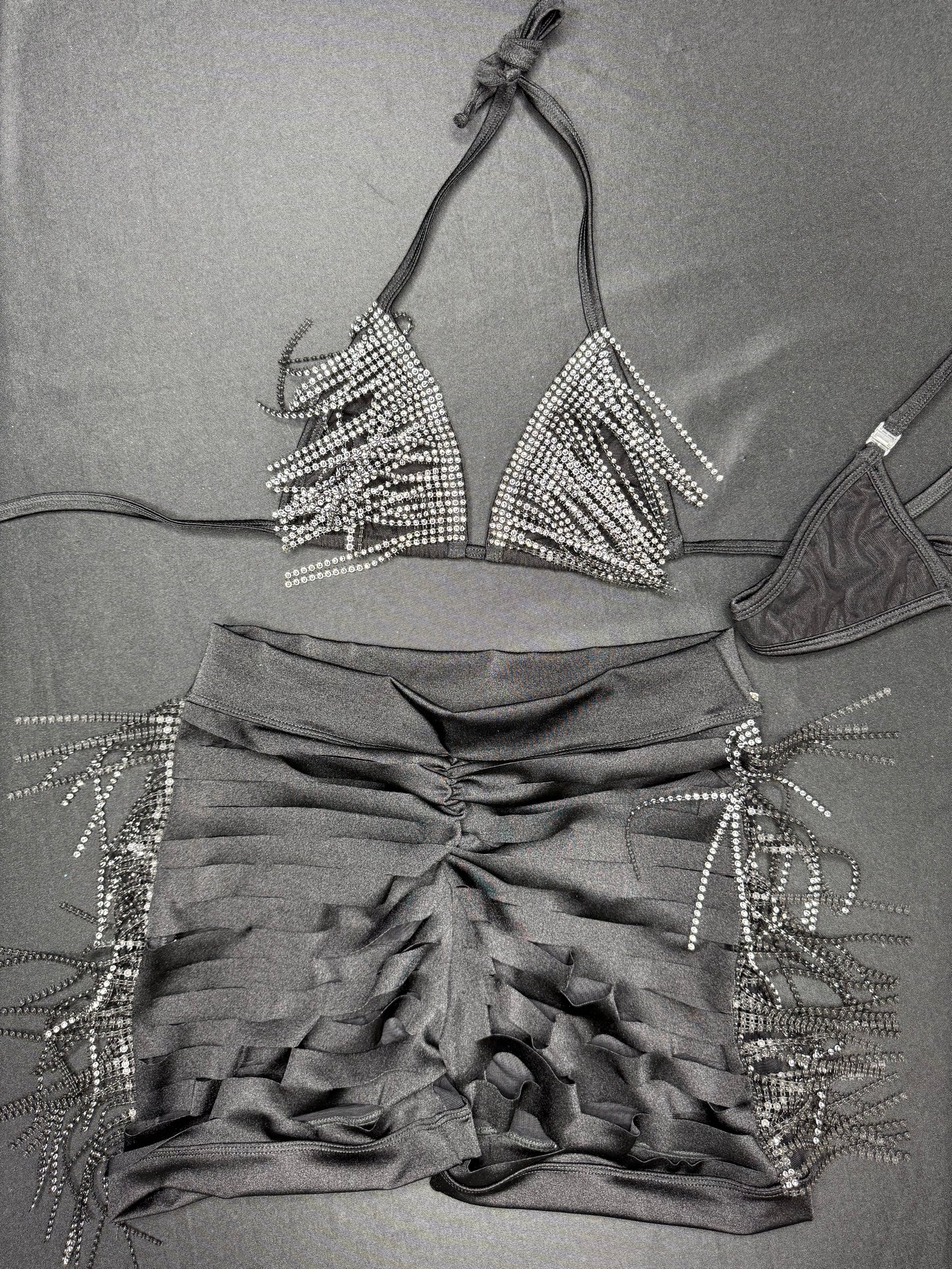 Black Spandex/Mesh Fringe Ripped Back Shorts Two-Piece Lingerie Outfit