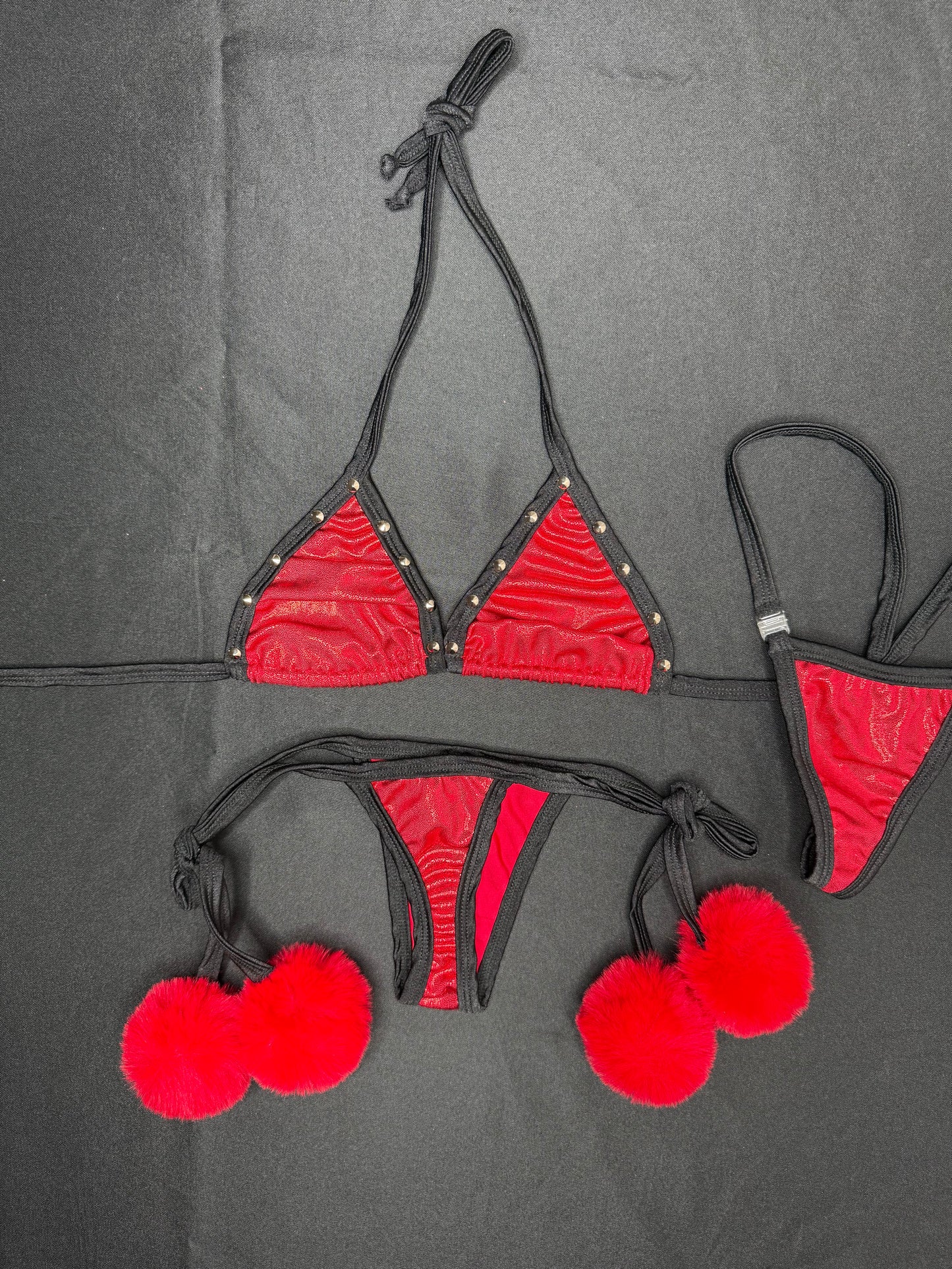 Red/Black Spandex Red Fur Two-Piece Bikini Lingerie Outfit