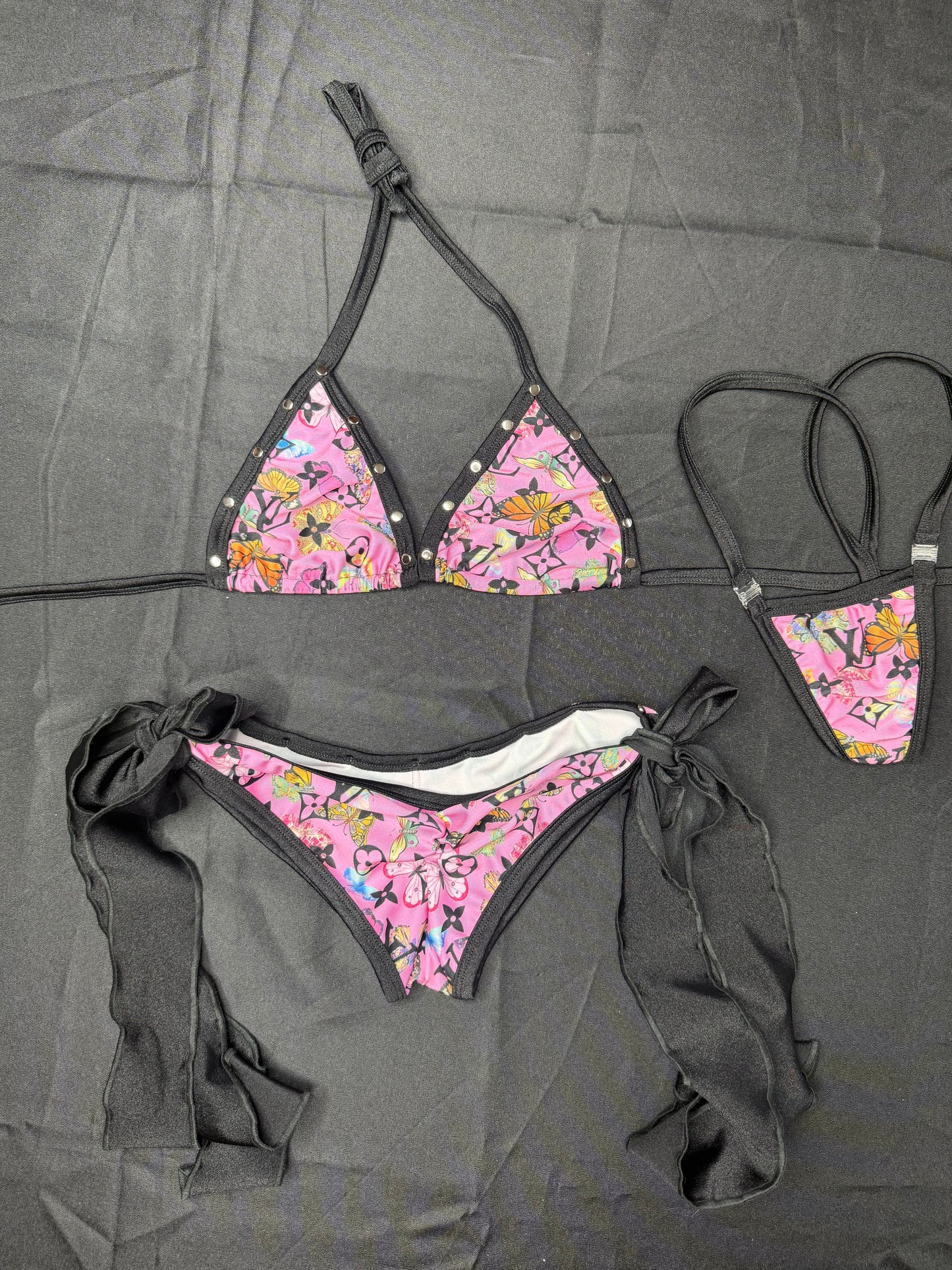 Pink/Black Spandex Designer Butterfly Two-Piece Bikini Lingerie Outfit