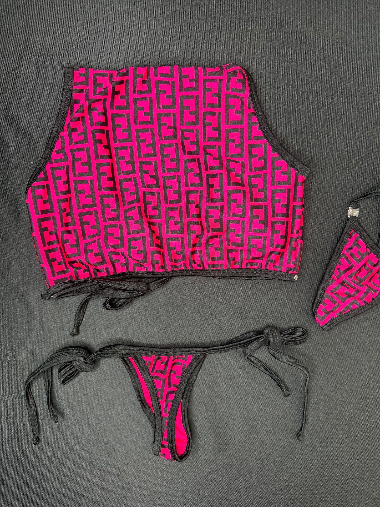 Hot Pink/Black Designer Spandex Two-Piece Sleeveless Top/Side Tie Bikini BottomsLingerie Outfit