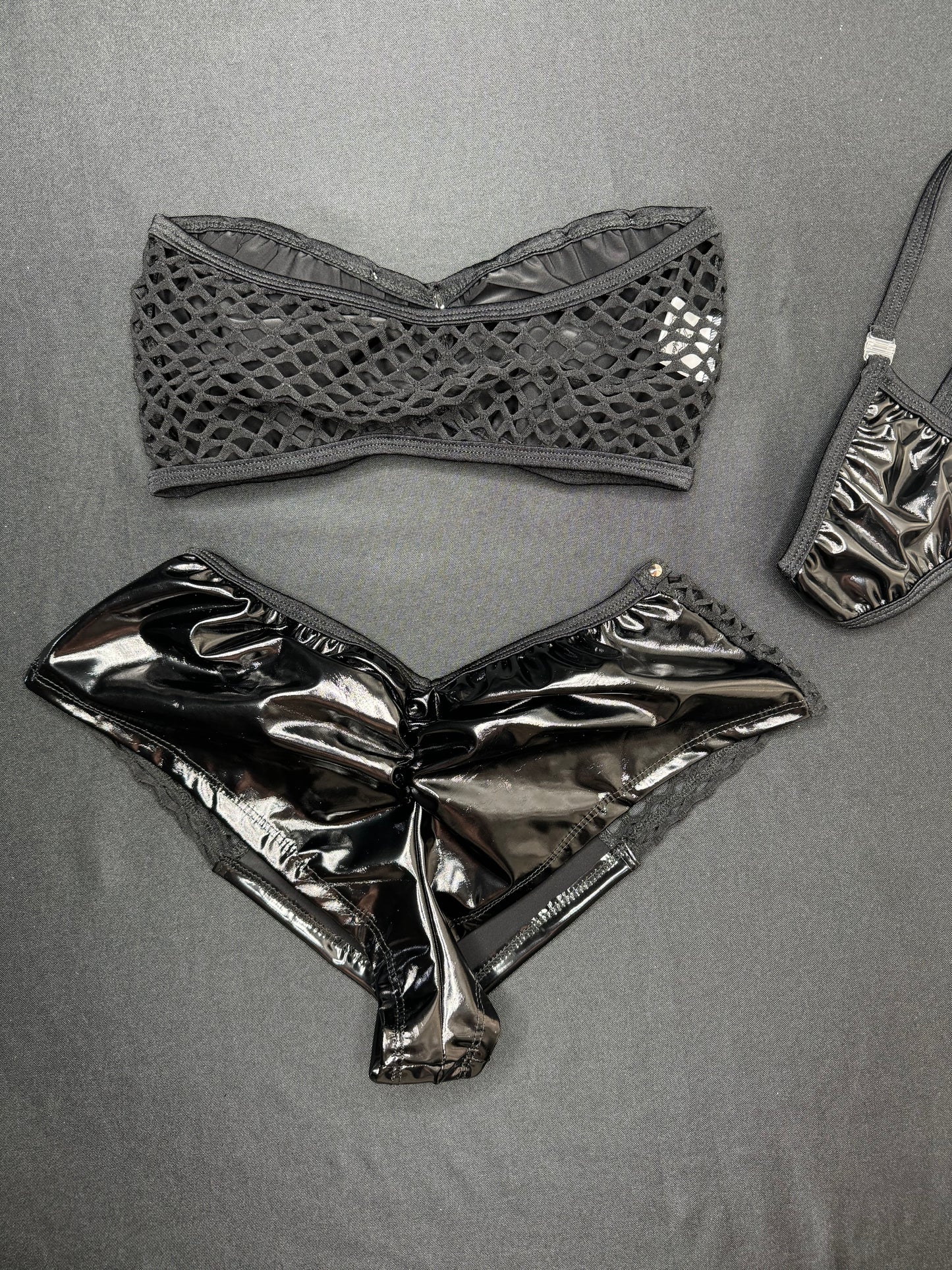 Black Latex/Fishnet Tube Top/Shorts Two-Piece Lingerie Outfit