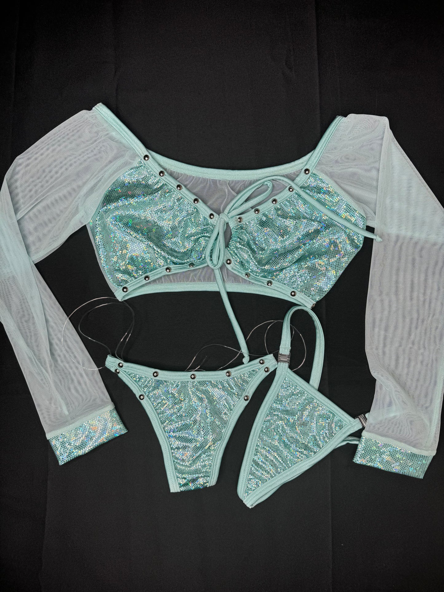 Metallic Mint Spandex/Mint Mesh Two-Piece Lingerie Outfit