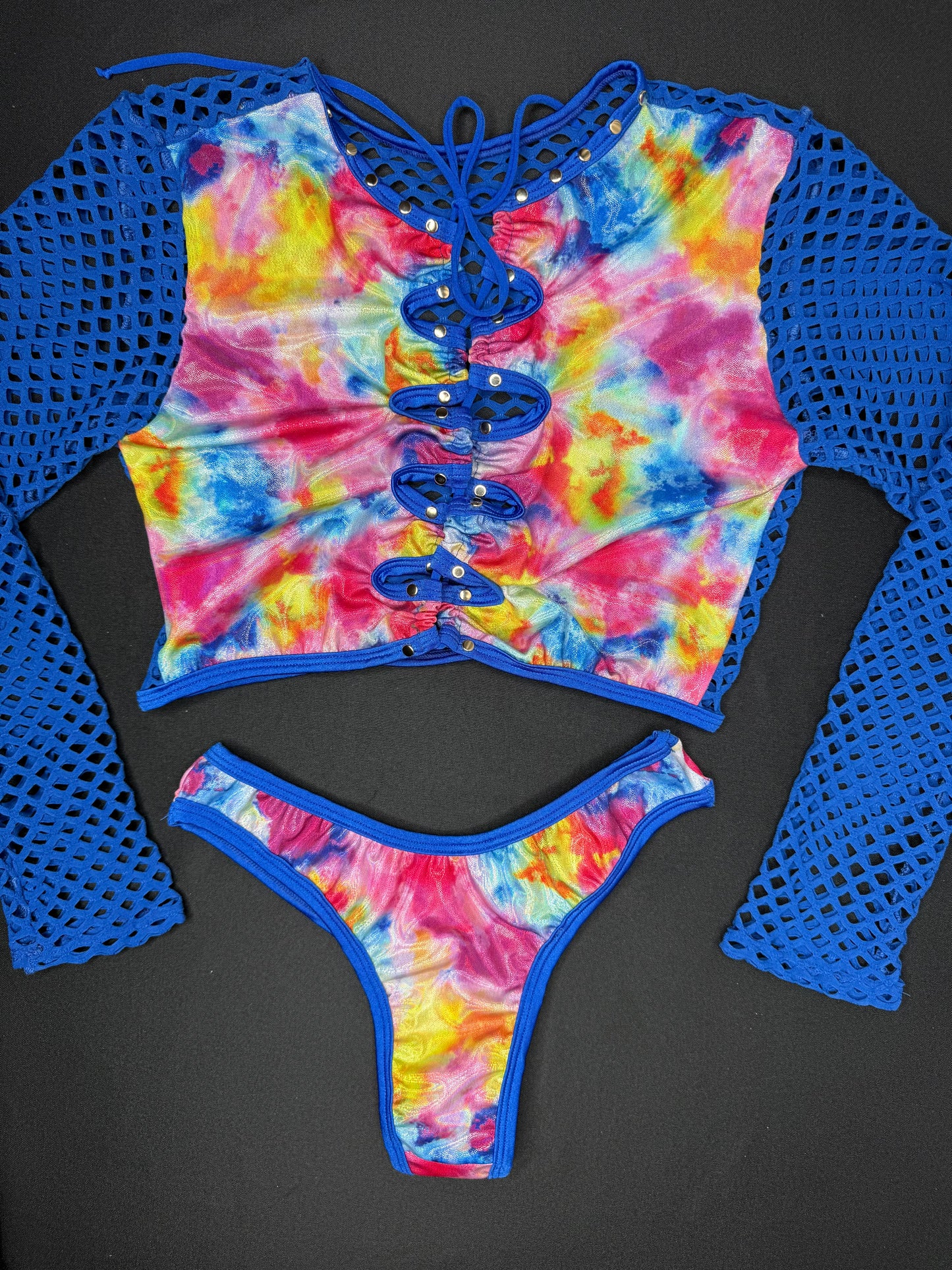 Royal Blue/Rainbow Long Sleeve/Shorts m/Cheeky Thong Three Piece Lingerie Outfit