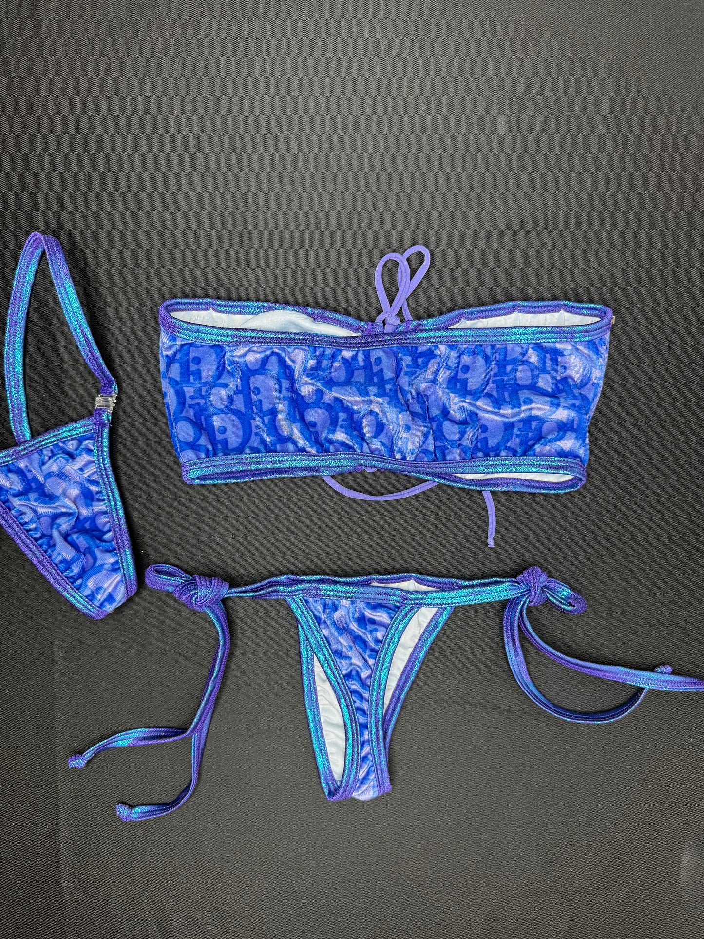 Designer Velvet Purple/Metallic Purple Tube Top/Side Tie Bikini Two-Piece Lingerie Outfit