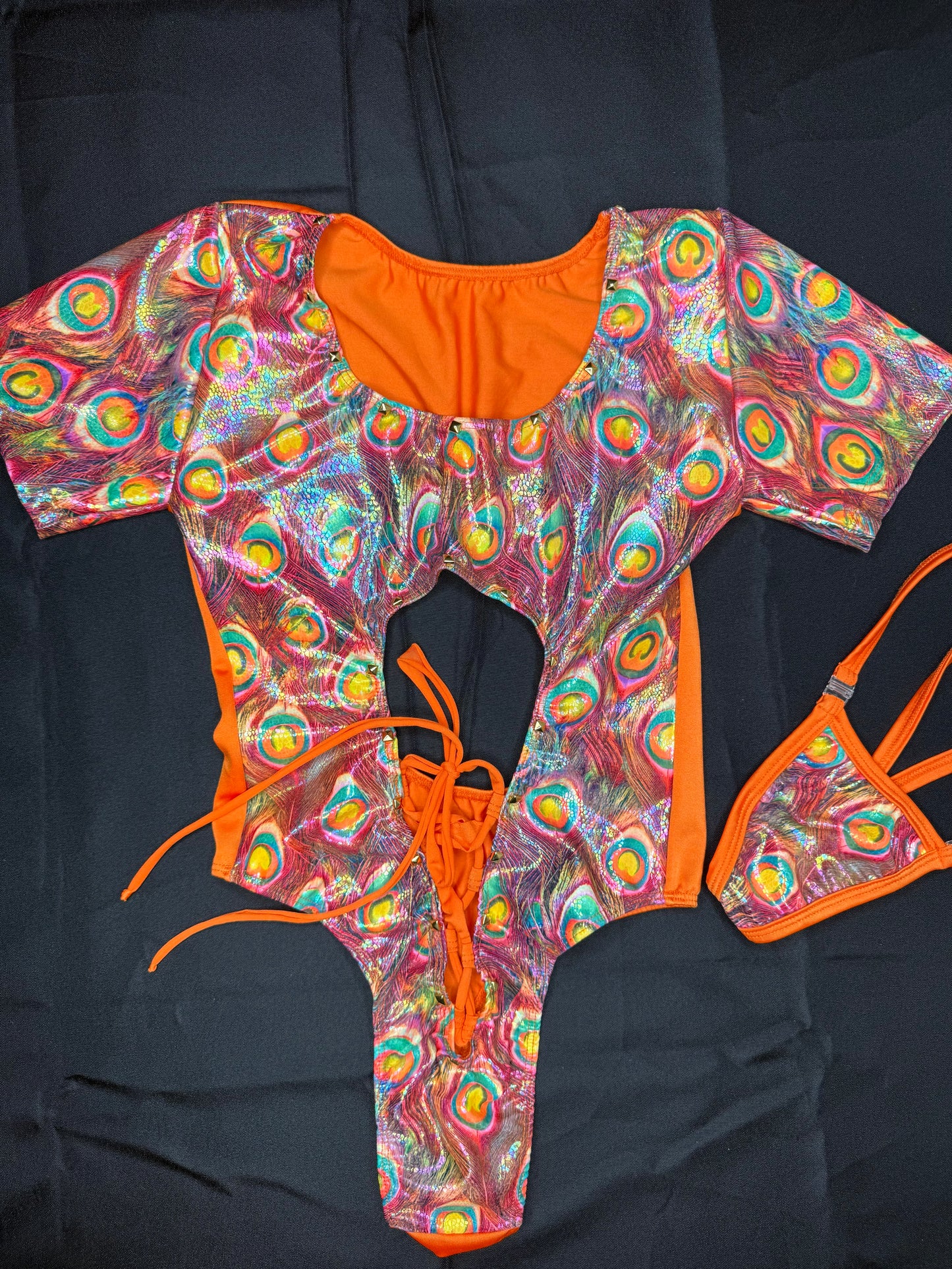 Peacock Animal Print/Orange Spandex Short Sleeve Leotard Lingerie Outfit