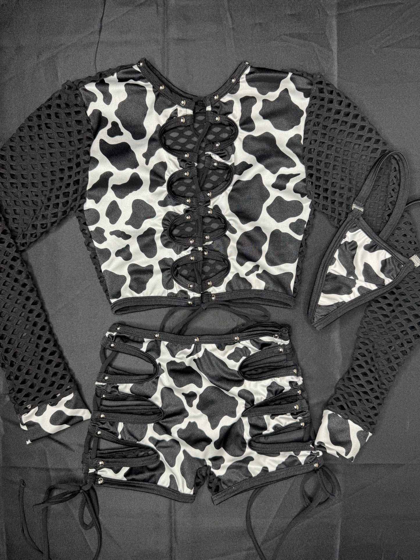 Black/White Cow Print Spandex Fishnet Long Sleeve/Shorts Two-Piece Lingerie Outfit