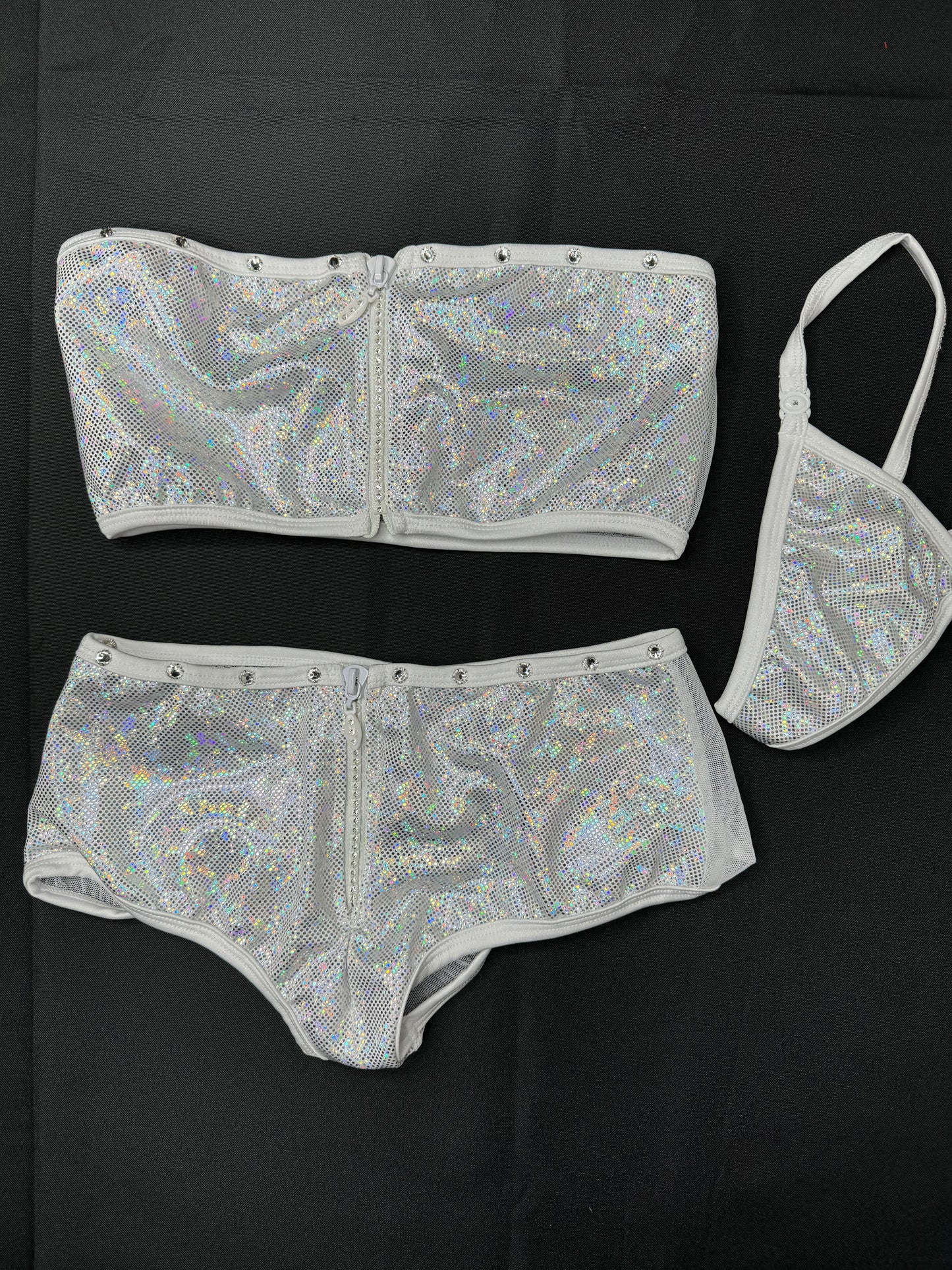 Metallic Silver/White Mesh Two-Piece Exotic Dancer Outfit