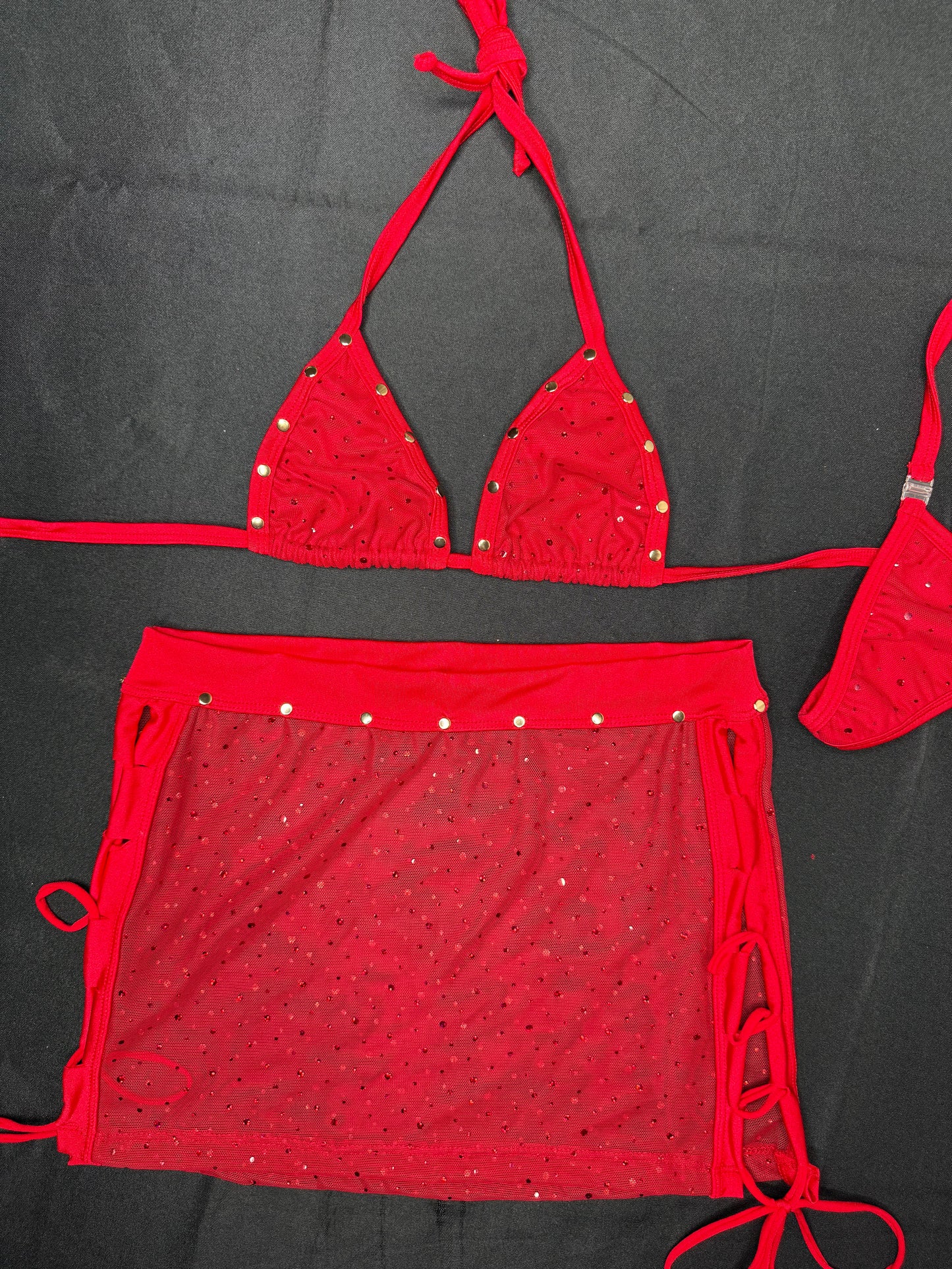 Red Mesh Bikini Top/Skirt Two-Piece Lingerie Outfit