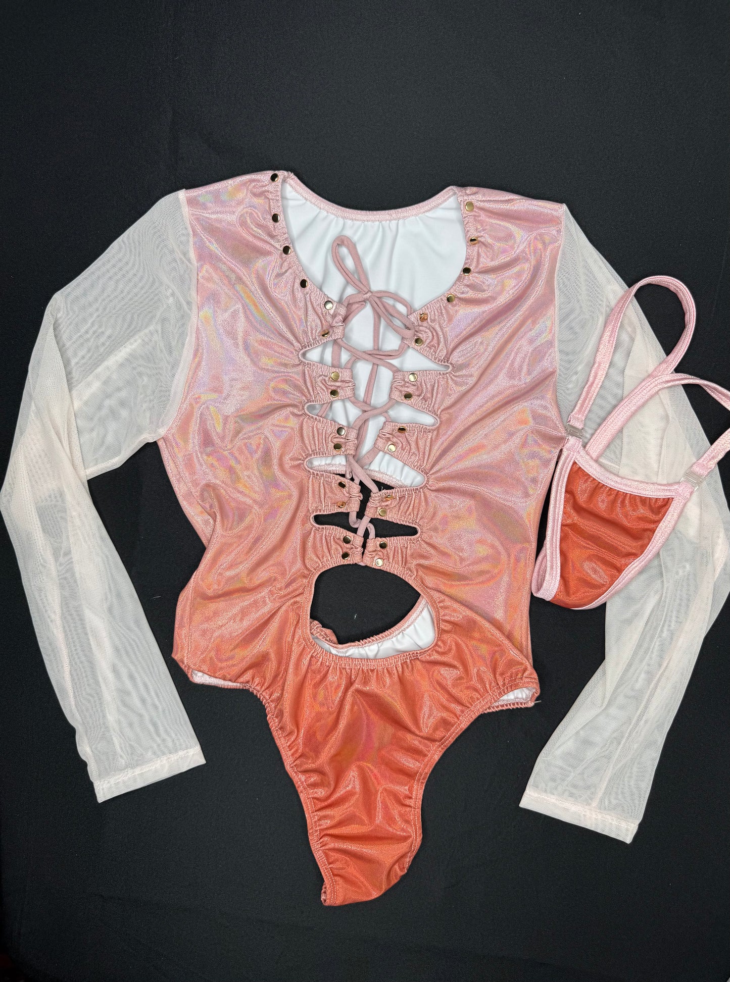 Metallic Ombré Leotard Long Sleeve One-Piece Lingerie Outfit