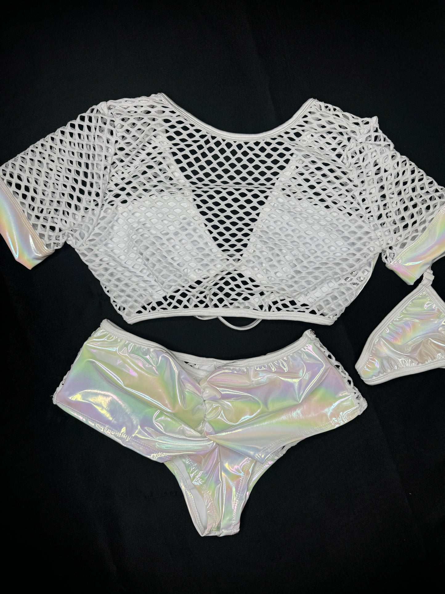 White/White Reflective Spandex/Fishnet Short Sleeve/Shorts Two-Piece Lingerie Outfit