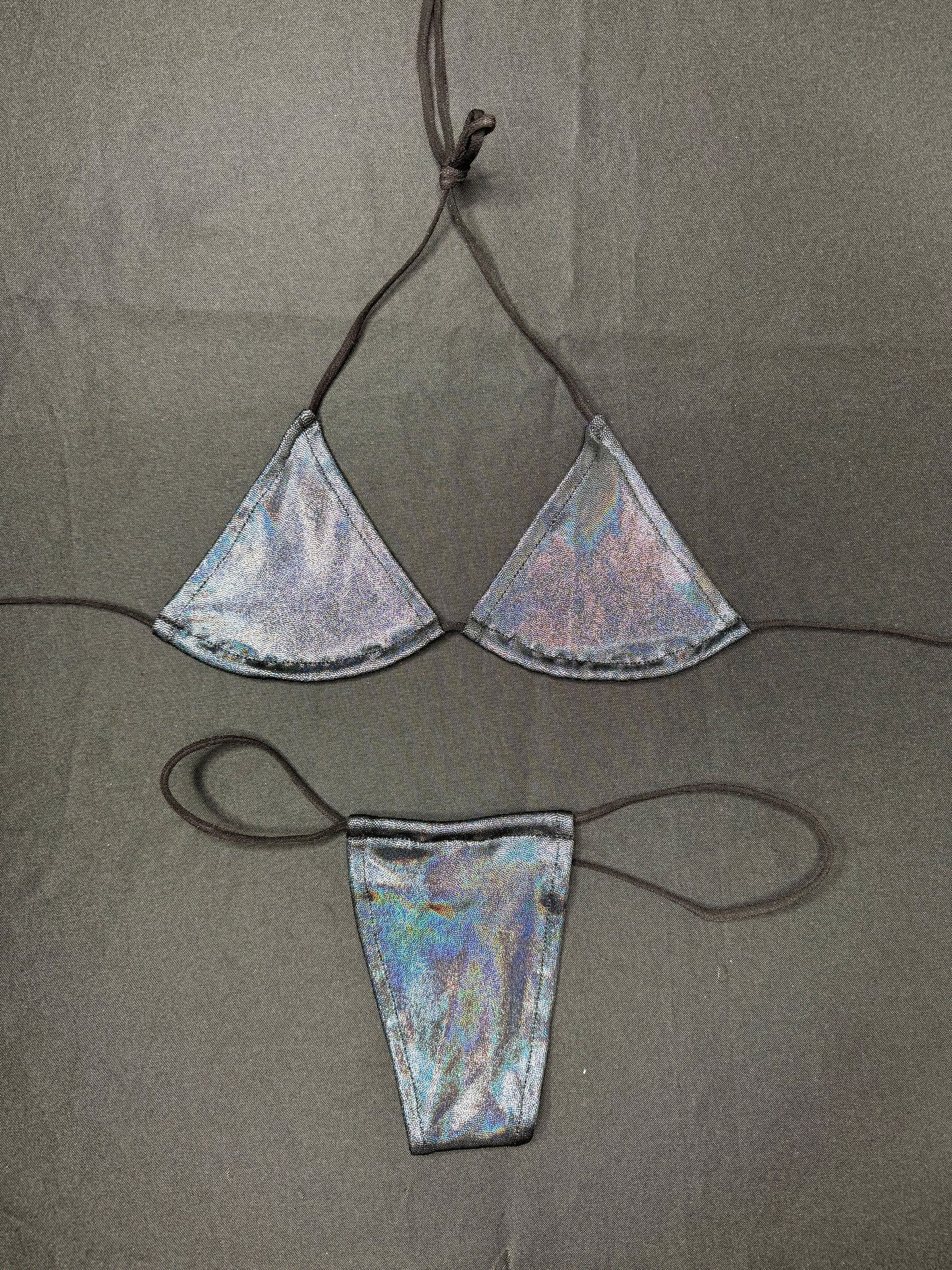 Metallic Black Two-Piece Micro Bikini Lingerie Outfit