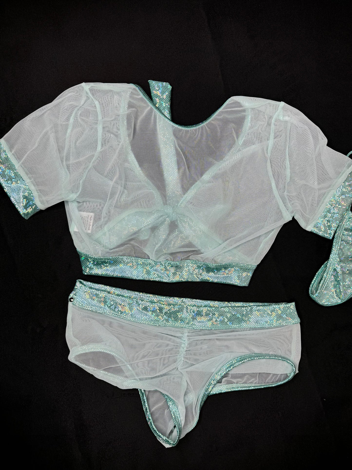 Metallic Mint Spandex/Mint Mesh Two-Piece Lingerie Outfit