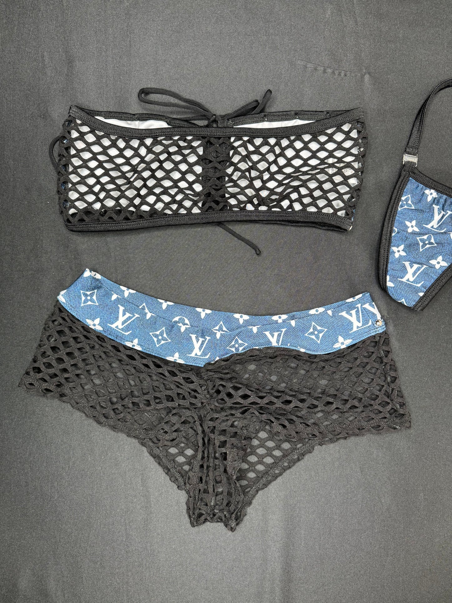 Designer Denim/Black Fishnet Tube Top/Shorts Two-Piece Lingerie Outfit